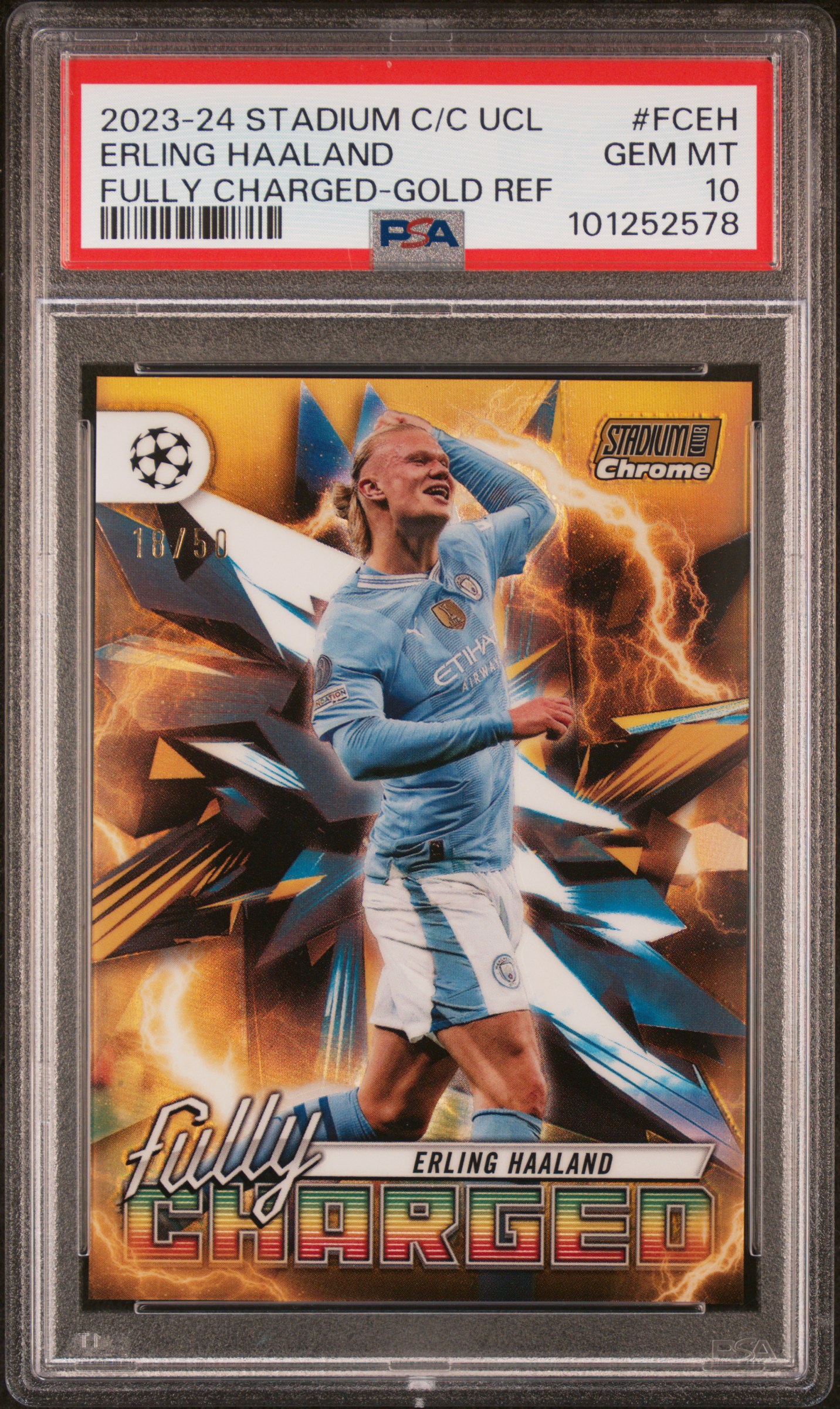 2023-24 Topps Stadium Club Chrome Uefa Club Competitions Fully Charged Erling Haaland #Fceh (Fully Charged-Gold Ref) Gem Mt 10 front