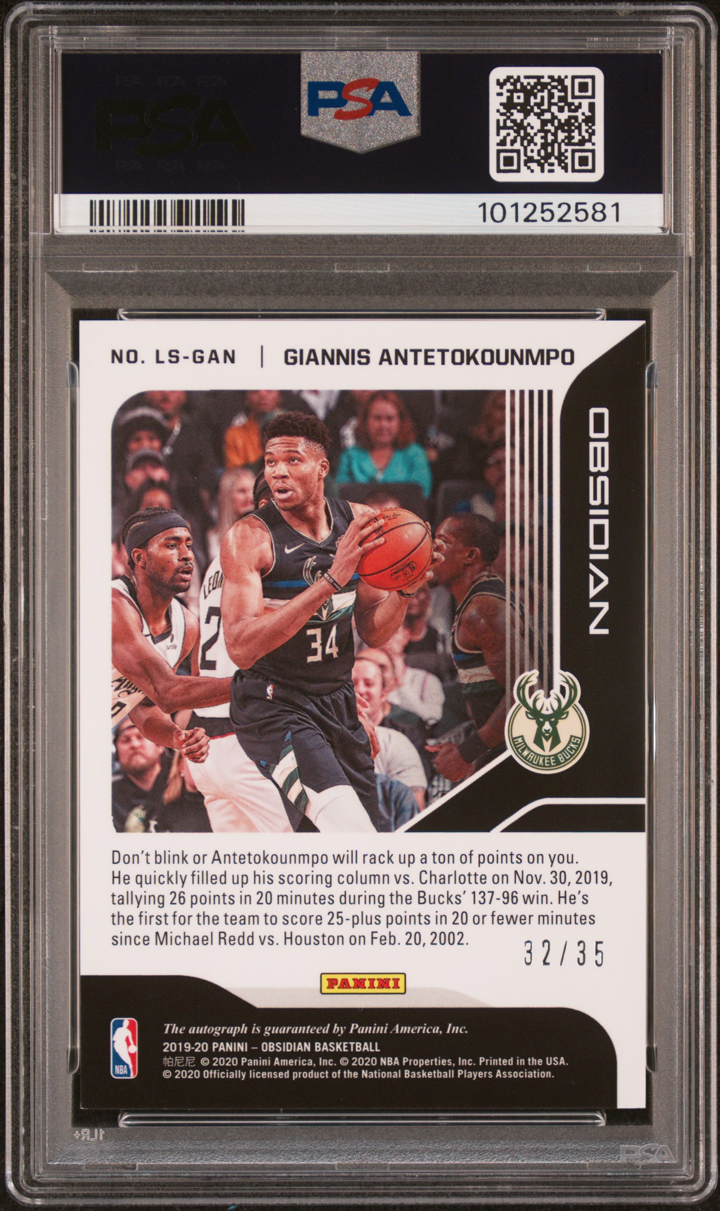 2019 Panini Obsidian Lightning Strike Signatures G.antetokounmpo #Lsgan (Lightning Strike Signature) Mint 9 back