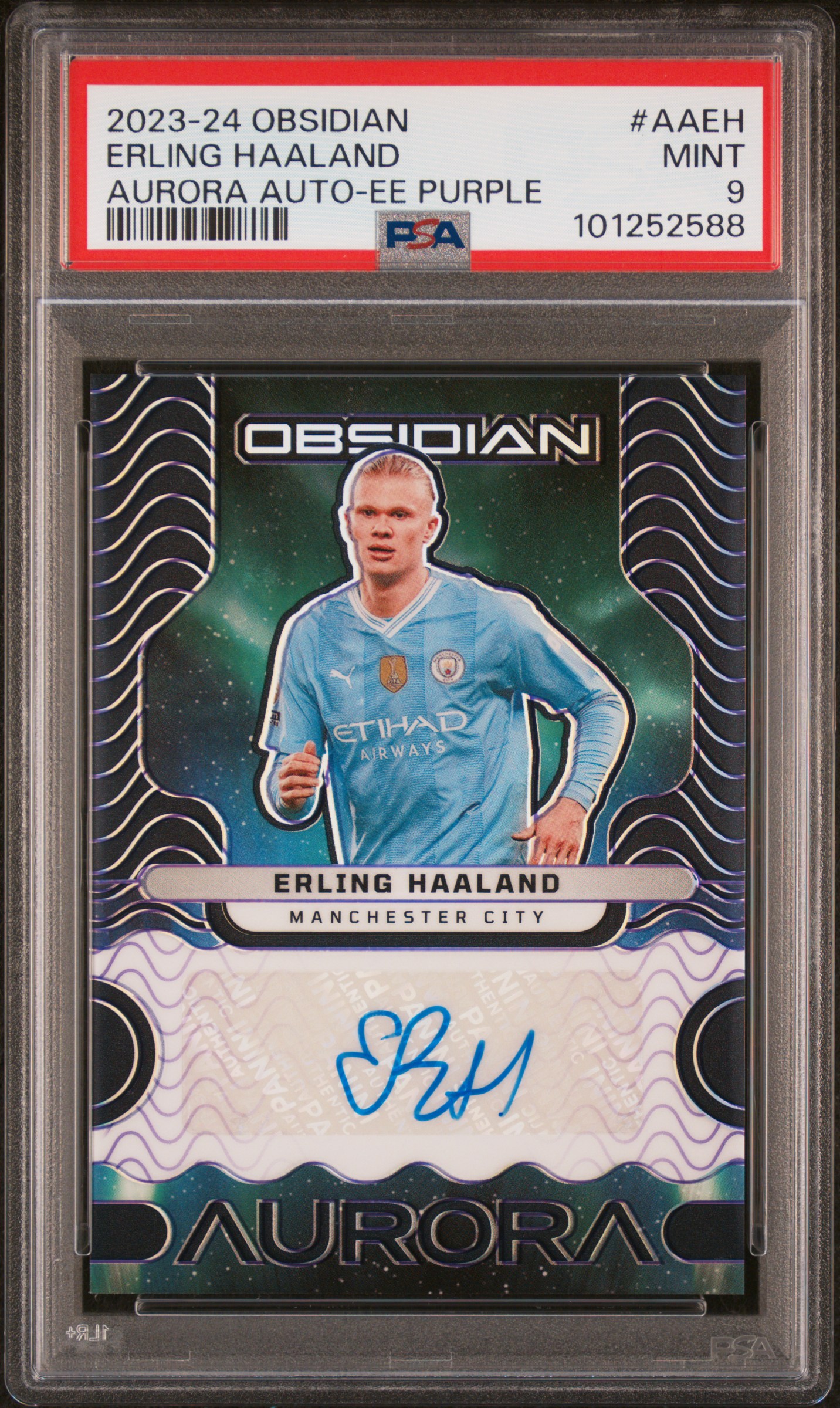 2023 Panini Obsidian Aurora Autograph Erling Haaland #Aaeh (Aurora Auto-Ee Purple) Mint 9 front