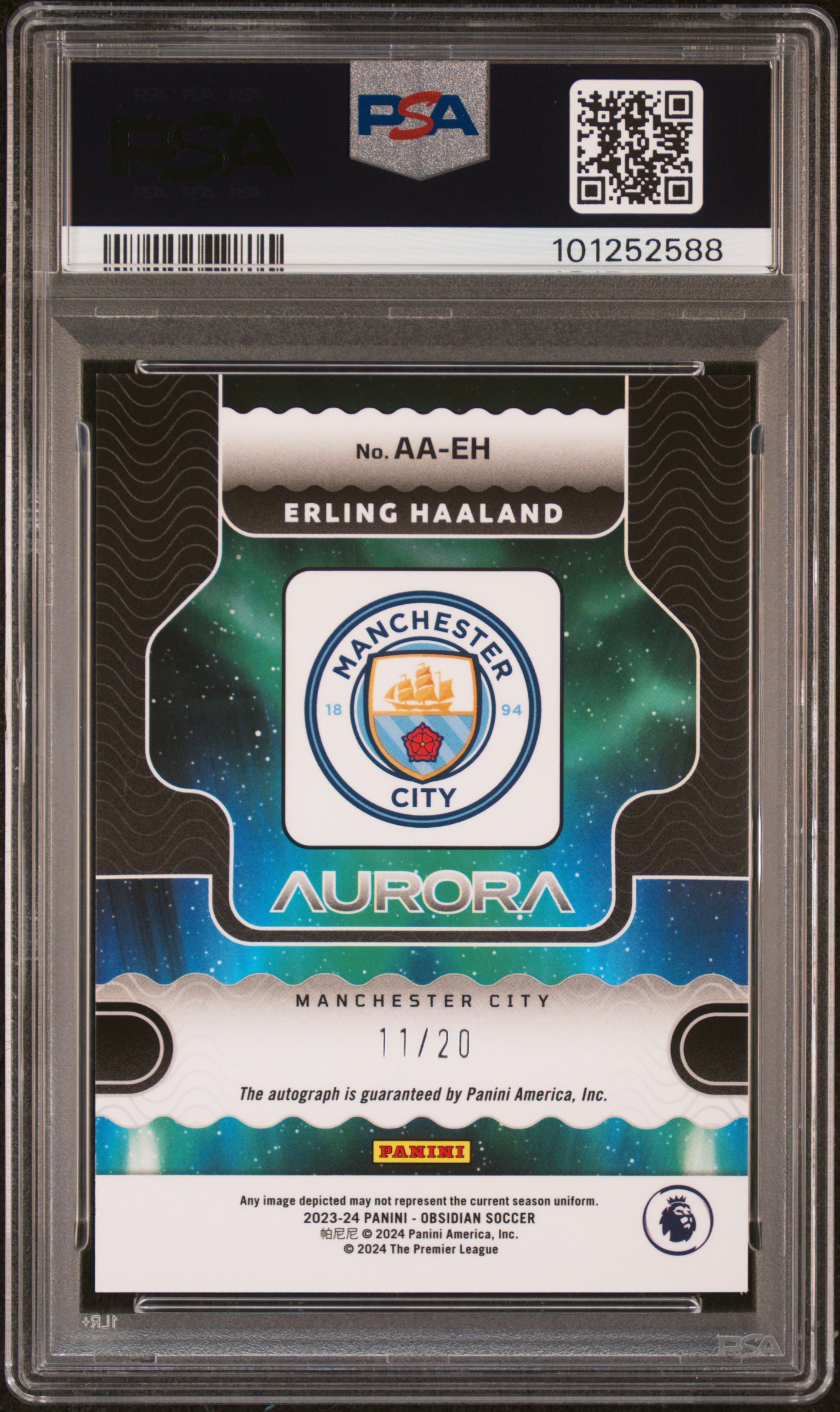 2023 Panini Obsidian Aurora Autograph Erling Haaland #Aaeh (Aurora Auto-Ee Purple) Mint 9 back