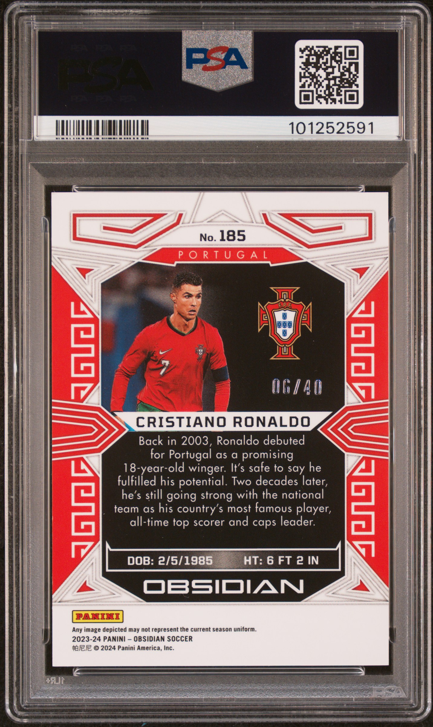 2023 Panini Obsidian Cristiano Ronaldo #185 (Electric Etch Orange) Mint 9 back