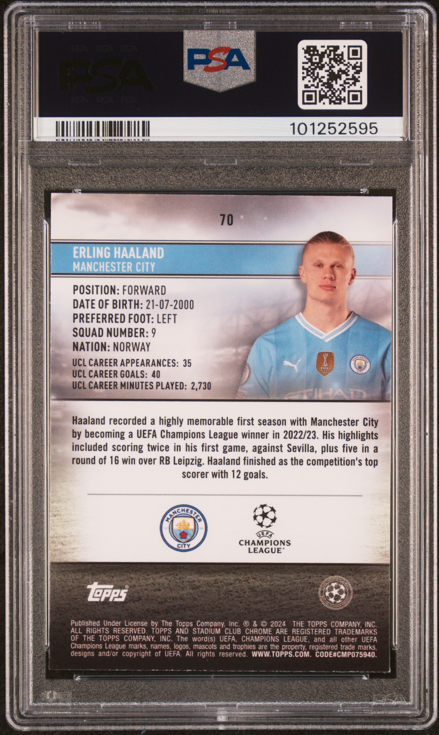 2023-24 Topps Stadium Club Chrome Uefa Club Competitions Erling Haaland #70 (Grn Ylw Electric Charge Ref) Mint 9 back
