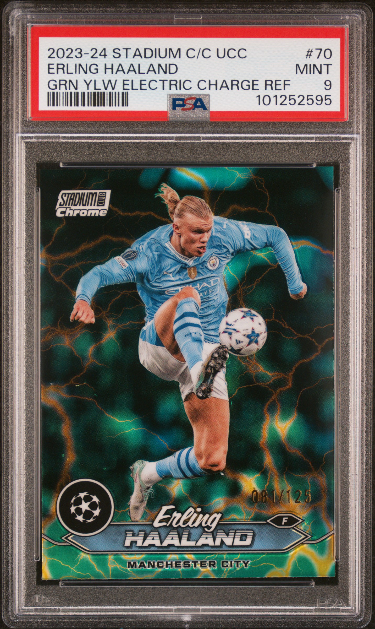 2023-24 Topps Stadium Club Chrome Uefa Club Competitions Erling Haaland #70 (Grn Ylw Electric Charge Ref) Mint 9 front