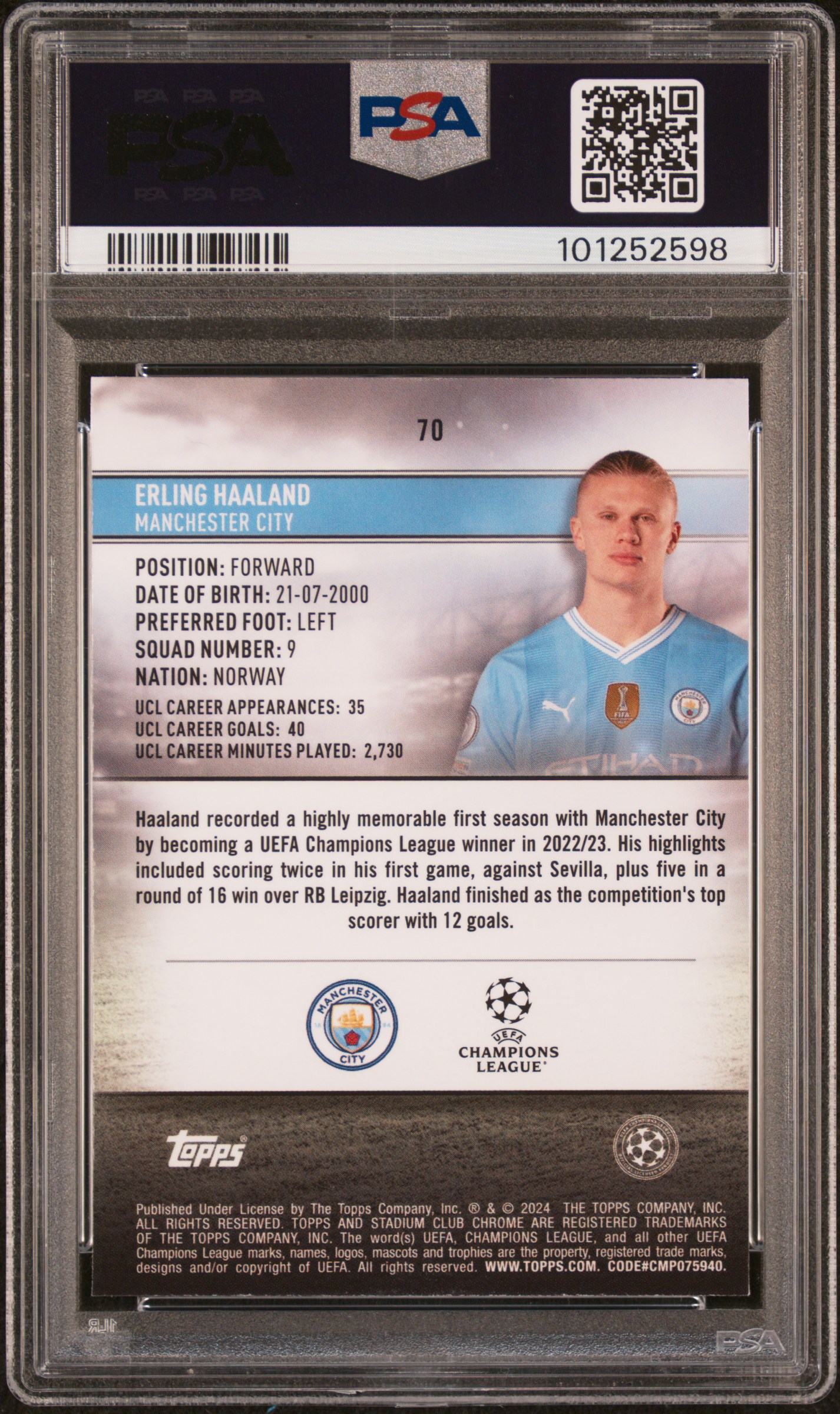 2023-24 Topps Stadium Club Chrome Uefa Club Competitions Erling Haaland #70 (Aq Grn Electric Charge Ref) Nm 7 back