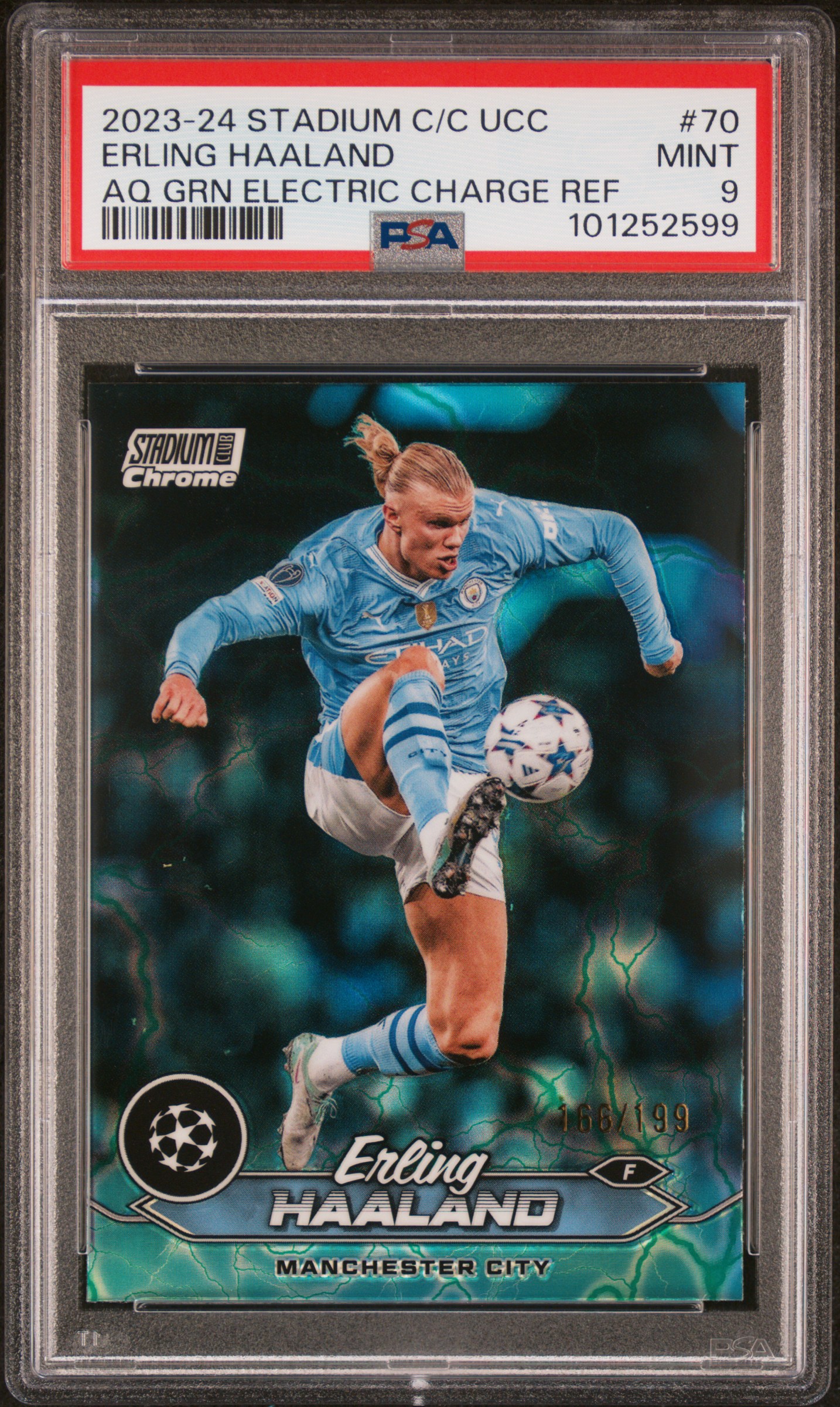 2023-24 Topps Stadium Club Chrome Uefa Club Competitions Erling Haaland #70 (Aq Grn Electric Charge Ref) Mint 9 front