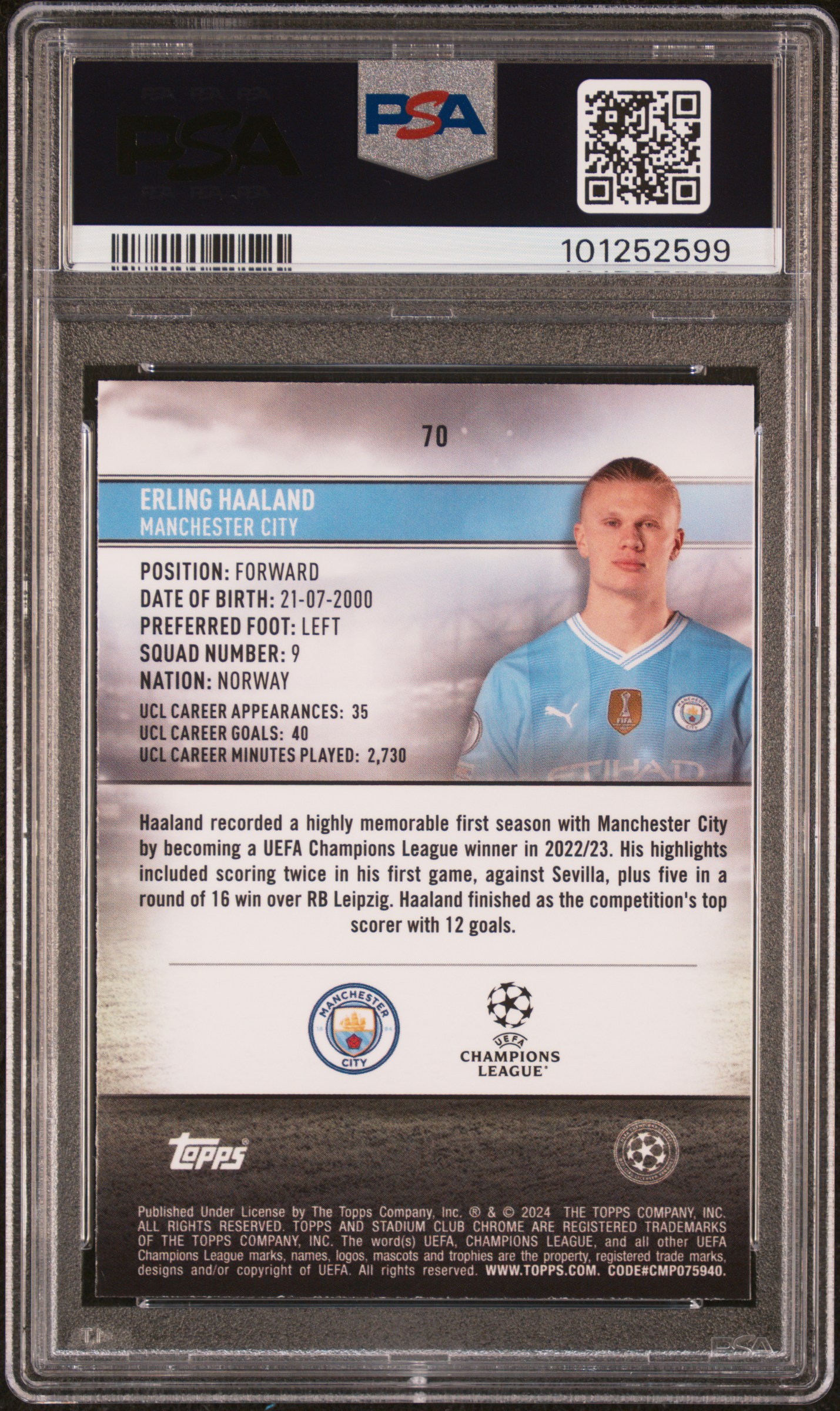 2023-24 Topps Stadium Club Chrome Uefa Club Competitions Erling Haaland #70 (Aq Grn Electric Charge Ref) Mint 9 back