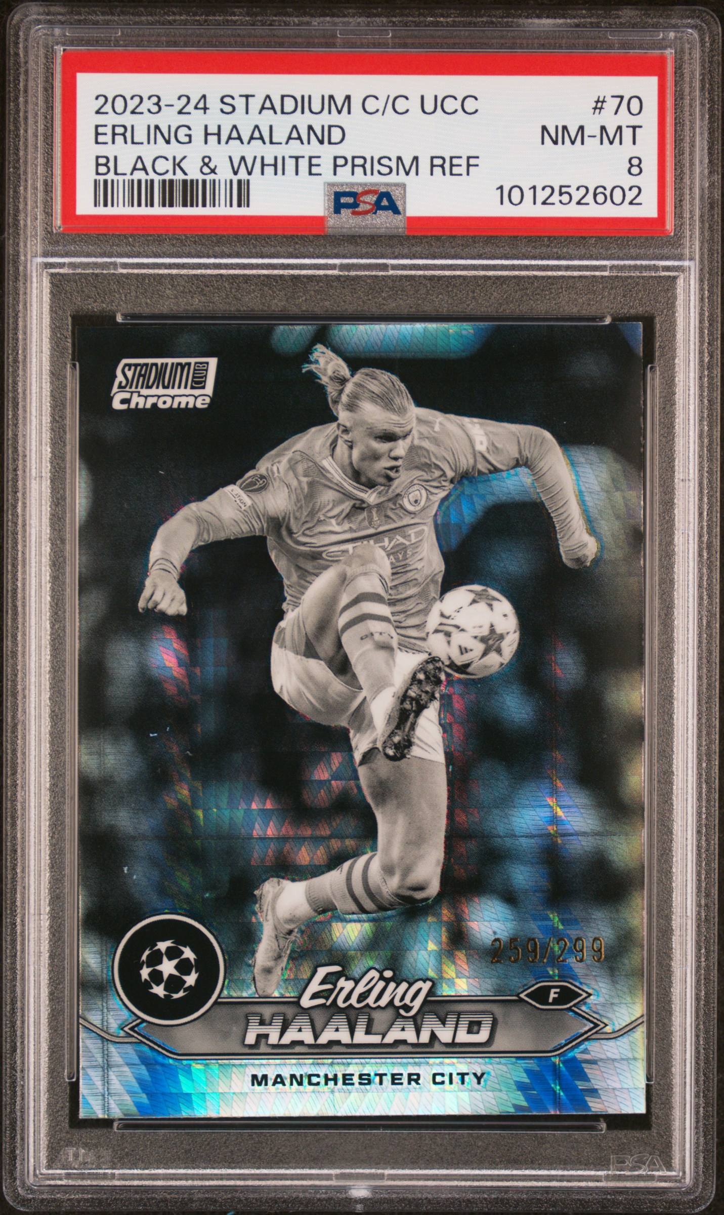 2023-24 Topps Stadium Club Chrome Uefa Club Competitions Erling Haaland #70 (Black & White Prism Ref) Nm-Mt 8 front