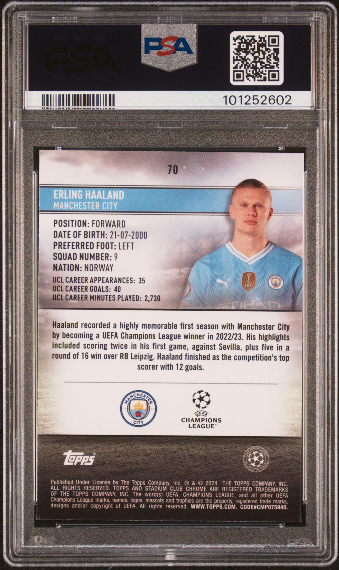 2023-24 Topps Stadium Club Chrome Uefa Club Competitions Erling Haaland #70 (Black & White Prism Ref) Nm-Mt 8 back