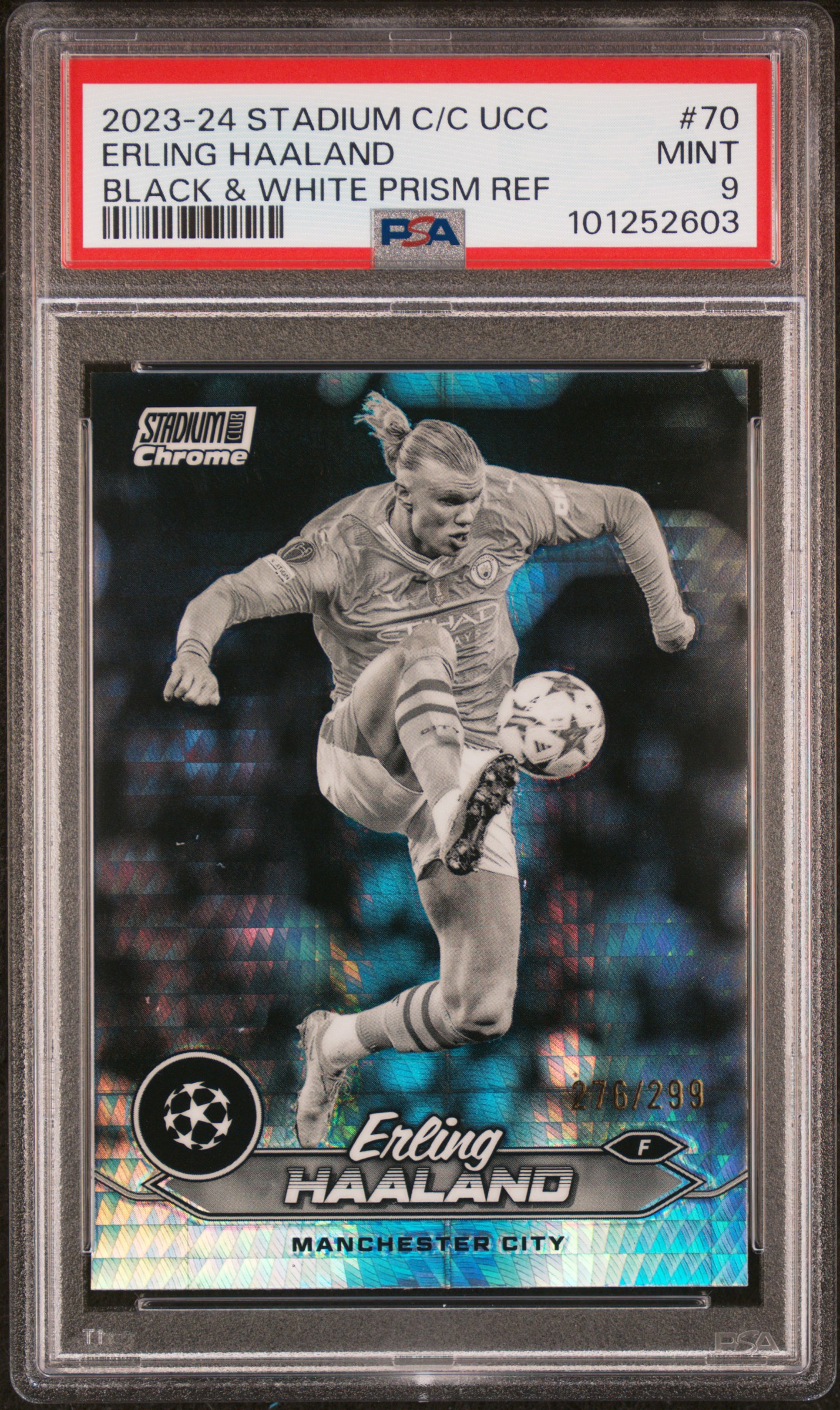 2023-24 Topps Stadium Club Chrome Uefa Club Competitions Erling Haaland #70 (Black & White Prism Ref) Mint 9 front