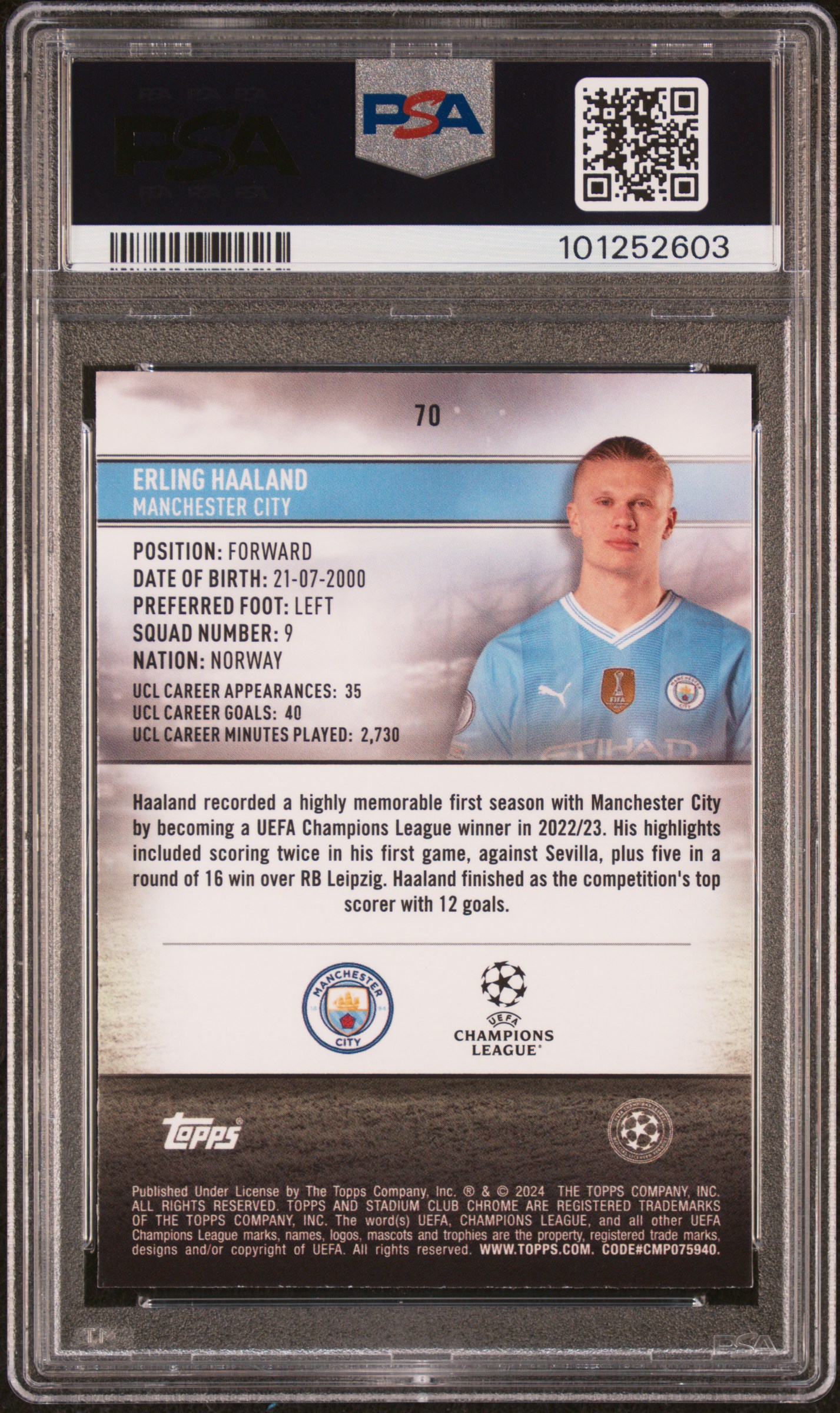 2023-24 Topps Stadium Club Chrome Uefa Club Competitions Erling Haaland #70 (Black & White Prism Ref) Mint 9 back
