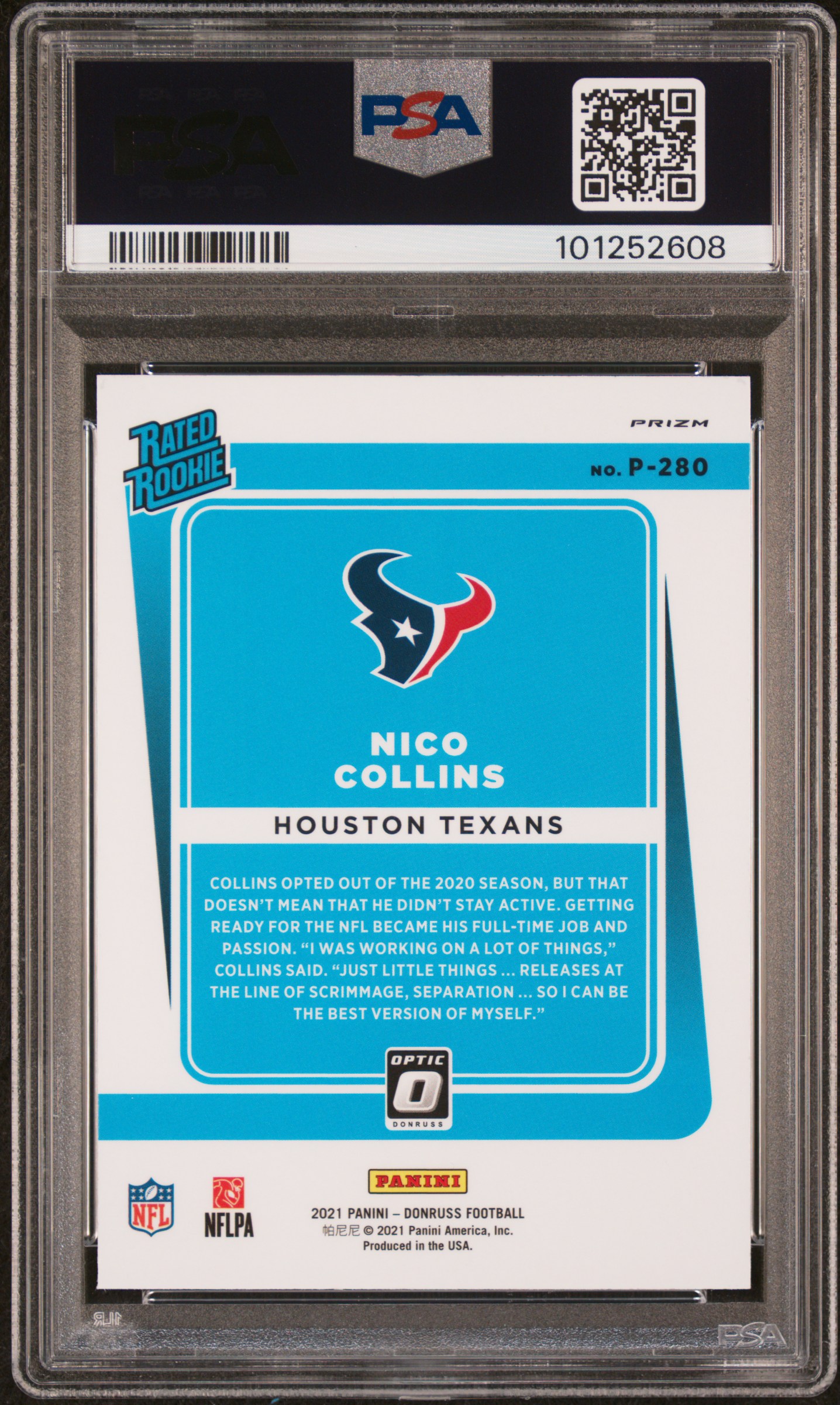 2021 Panini Donruss Nico Collins #P280 (Optic Preview-Pink) Gem Mt 10 back