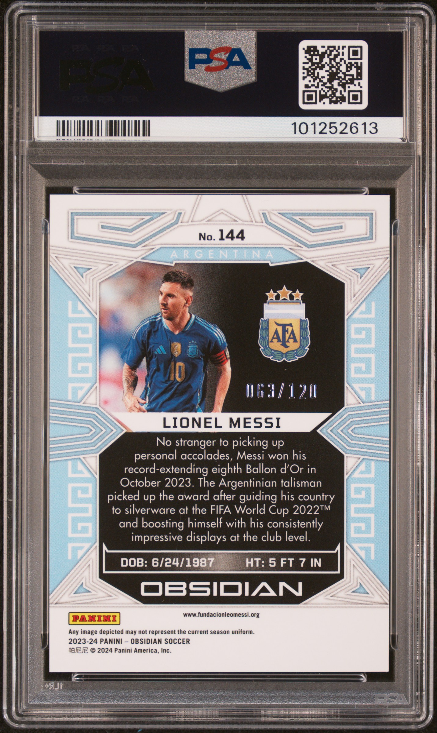2023 Panini Obsidian Lionel Messi #144 Gem Mt 10 back