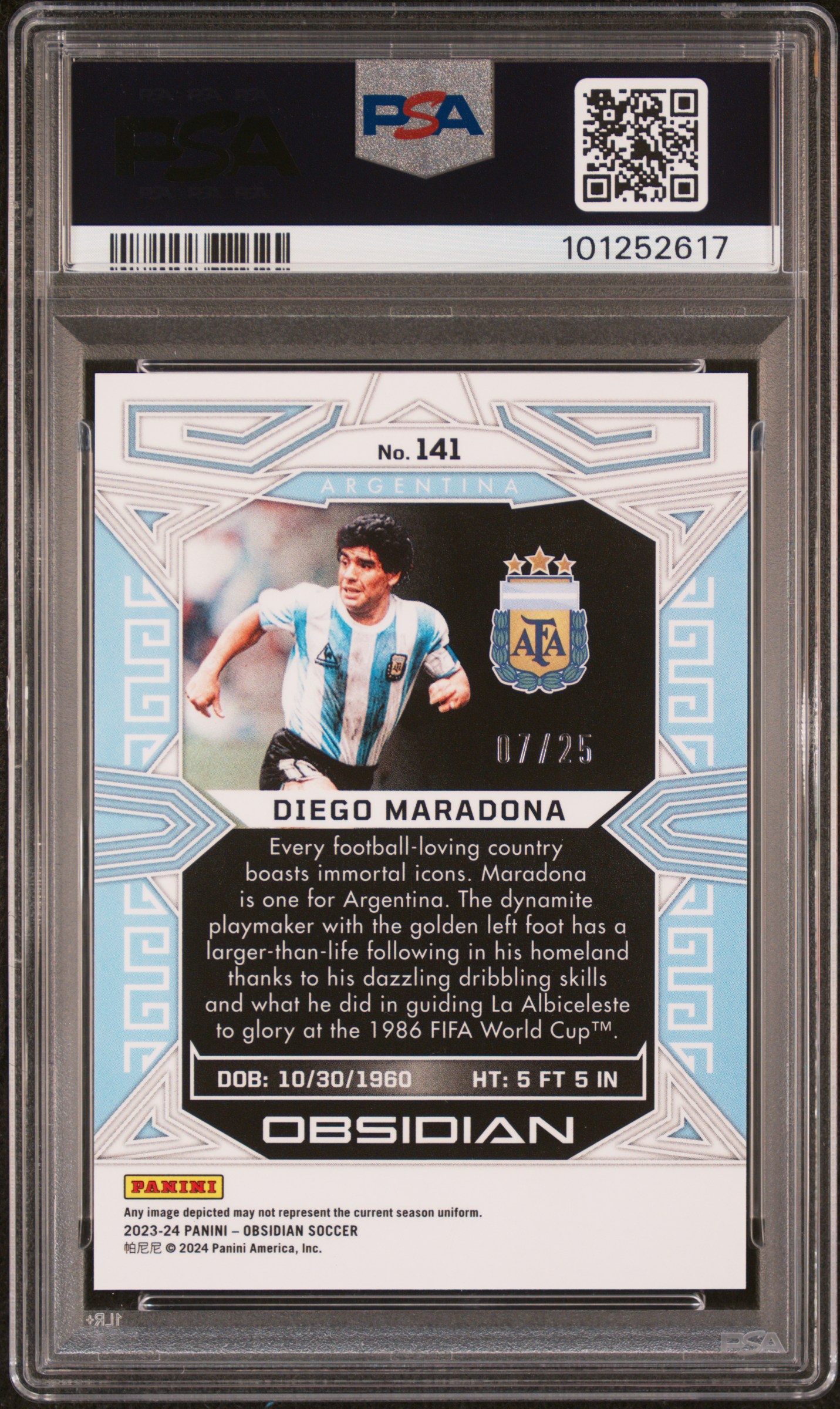2023 Panini Obsidian Diego Maradona #141 (Electric Etch Purple Flood) Mint 9 back