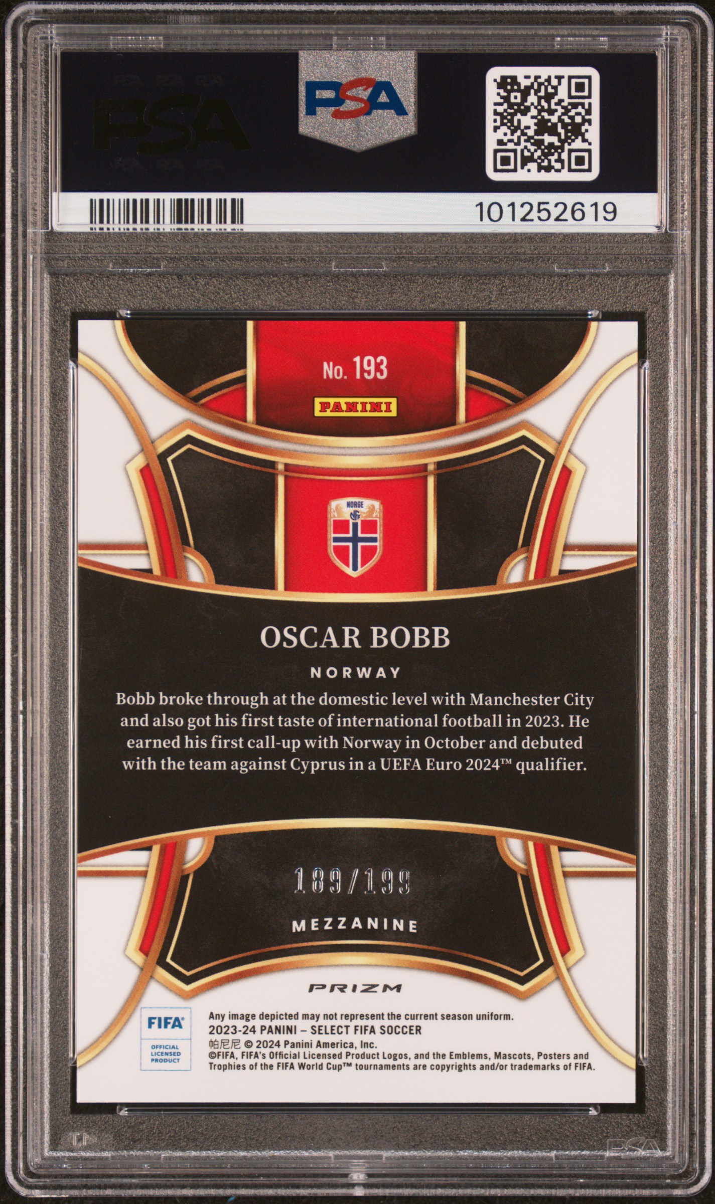 2023-24 Panini Select Fifa Oscar Bobb #193 (Pink Mojo) Gem Mt 10 back