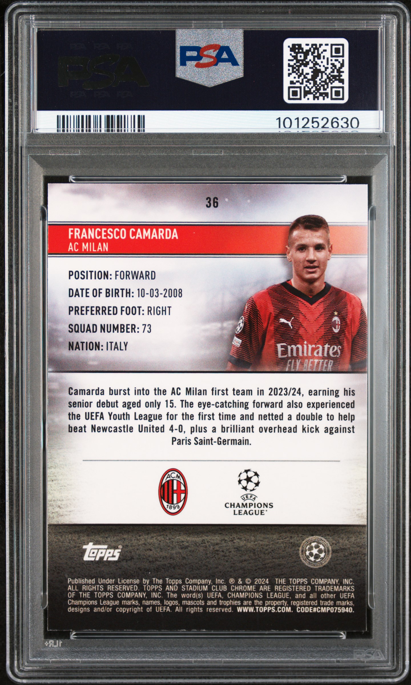 2023-24 Topps Stadium Club Chrome Uefa Club Competitions Francesco Camarda #36 (Aqua Wave) Mint 9 back