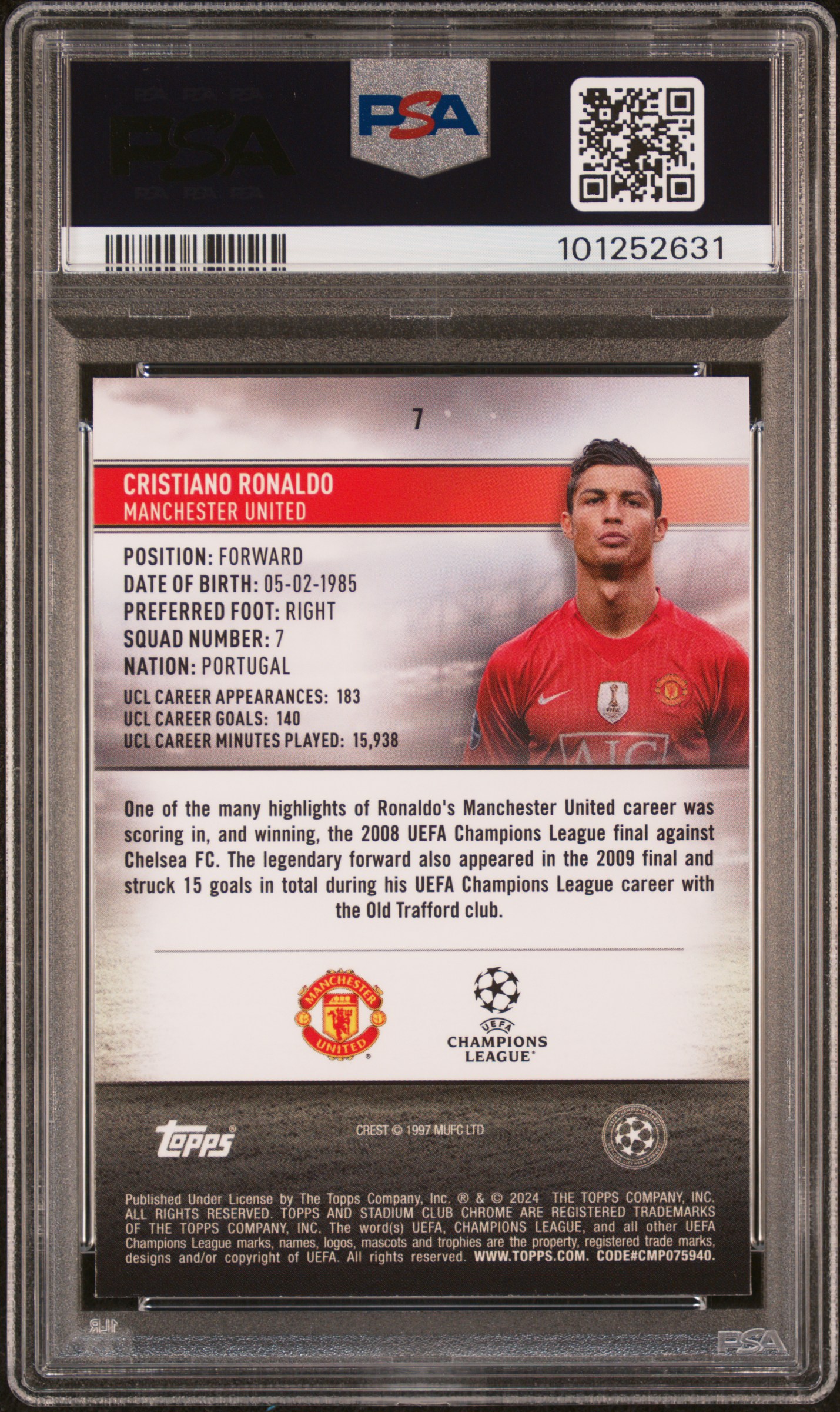 2023-24 Topps Stadium Club Chrome Uefa Club Competitions Cristiano Ronaldo #7 (Refractor) Gem Mt 10 back