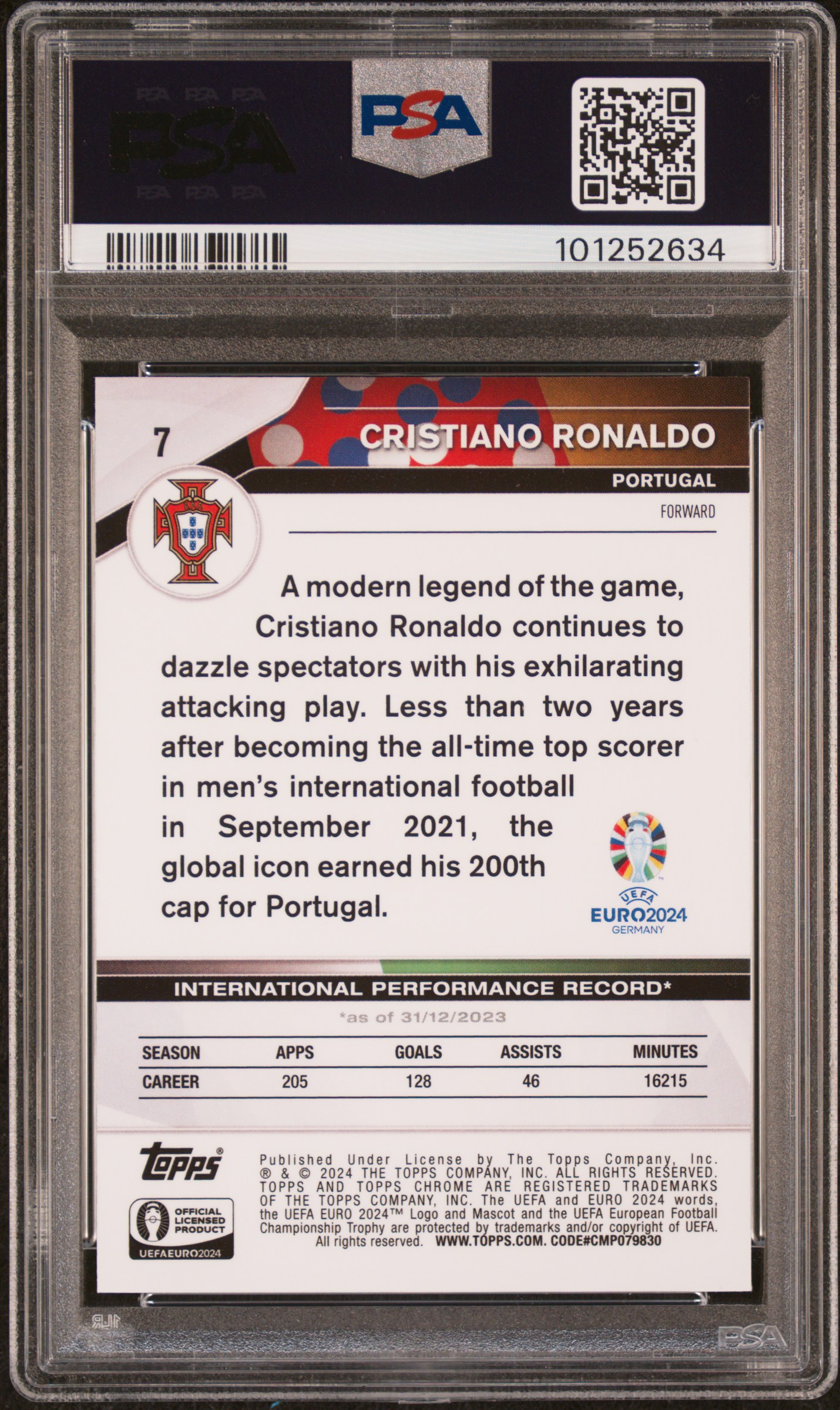 2024 Topps Chrome Uefa Euro Cristiano Ronaldo #7 (Purple Lava) Gem Mt 10 back