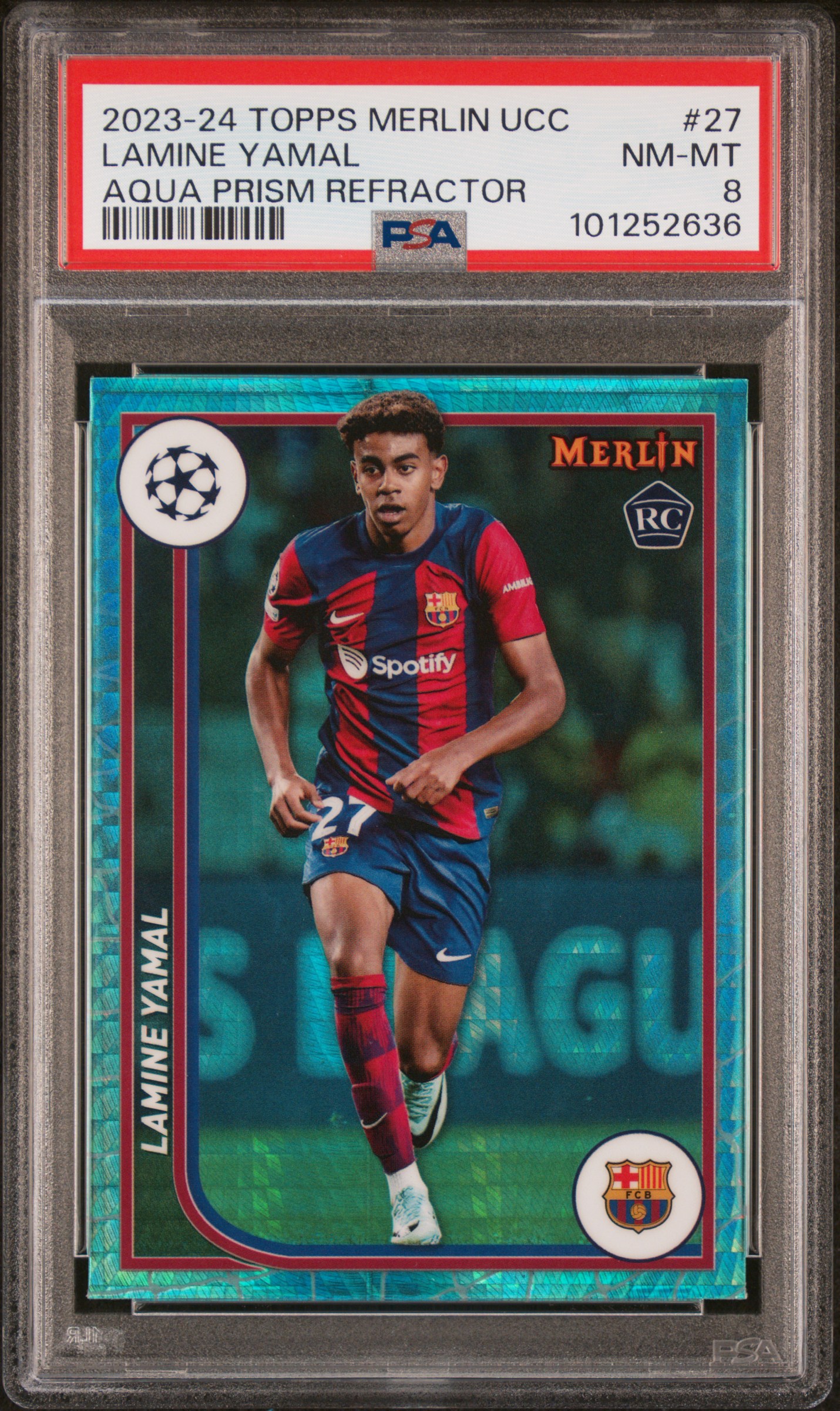 2023-24 Topps Merlin Uefa Club Competitions Lamine Yamal #27 (Aqua Prism Refractor) Nm-Mt 8 front
