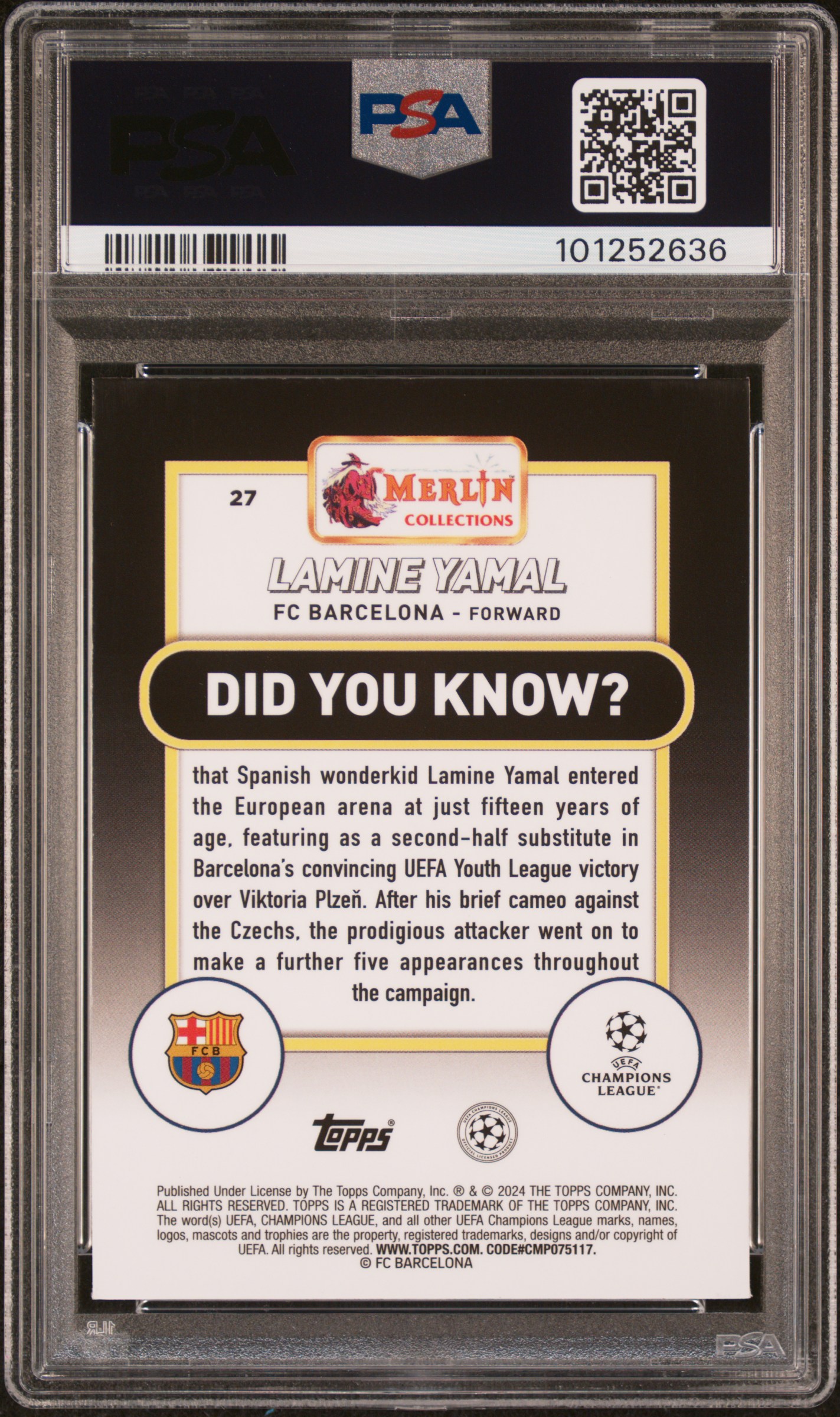 2023-24 Topps Merlin Uefa Club Competitions Lamine Yamal #27 (Aqua Prism Refractor) Nm-Mt 8 back