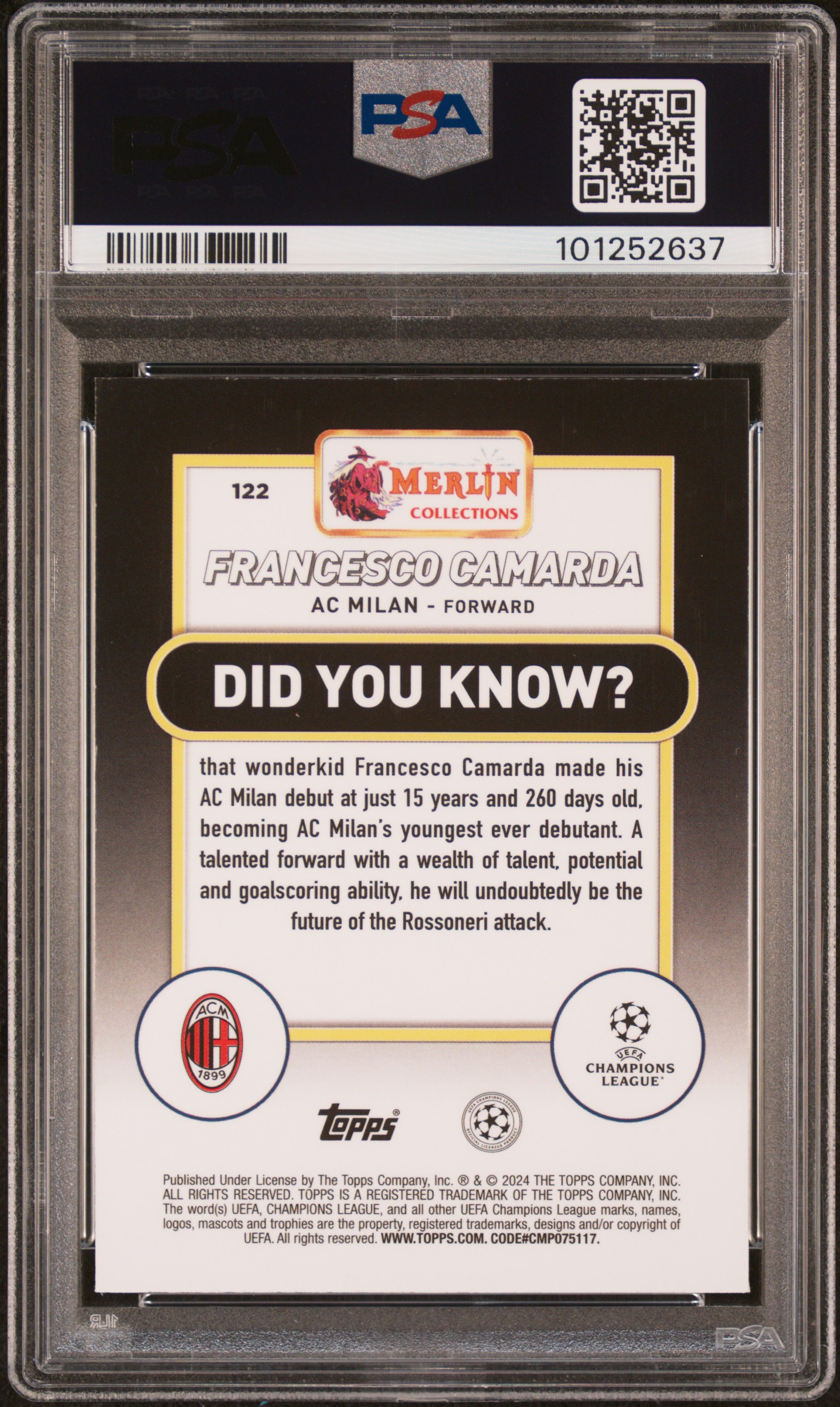 2023-24 Topps Merlin Uefa Club Competitions Francesco Camarda #122 (Pink Mojo) Gem Mt 10 back