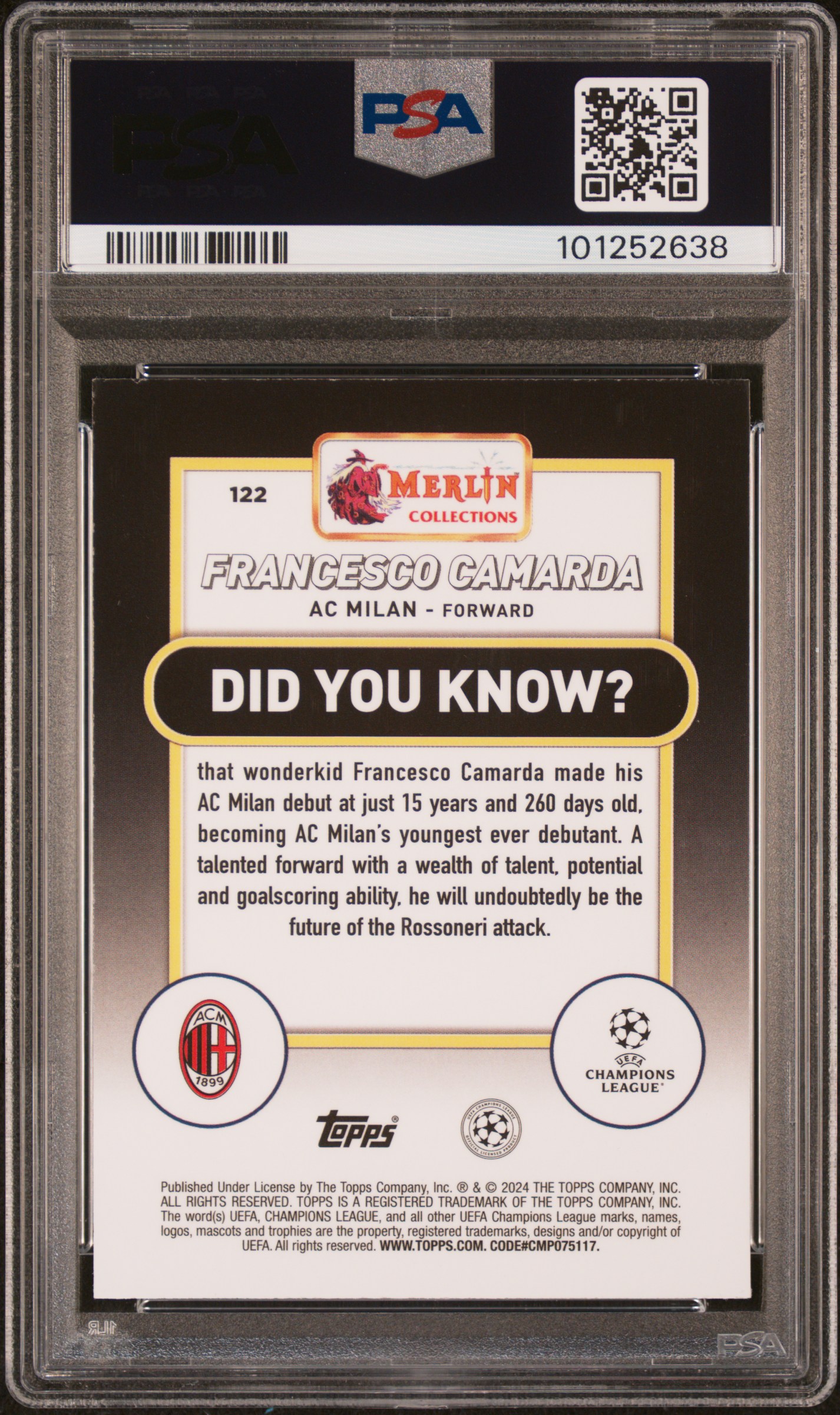 2023-24 Topps Merlin Uefa Club Competitions Francesco Camarda #122 (Pink Mojo) Mint 9 back