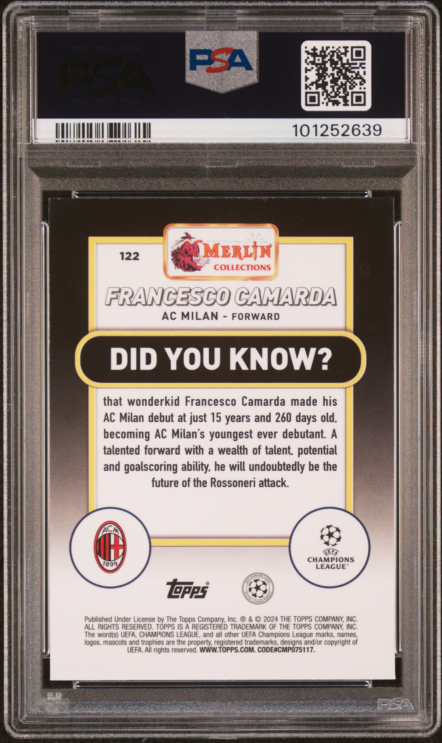 2023-24 Topps Merlin Uefa Club Competitions Francesco Camarda #122 (Blue Shimmer) Mint 9 back