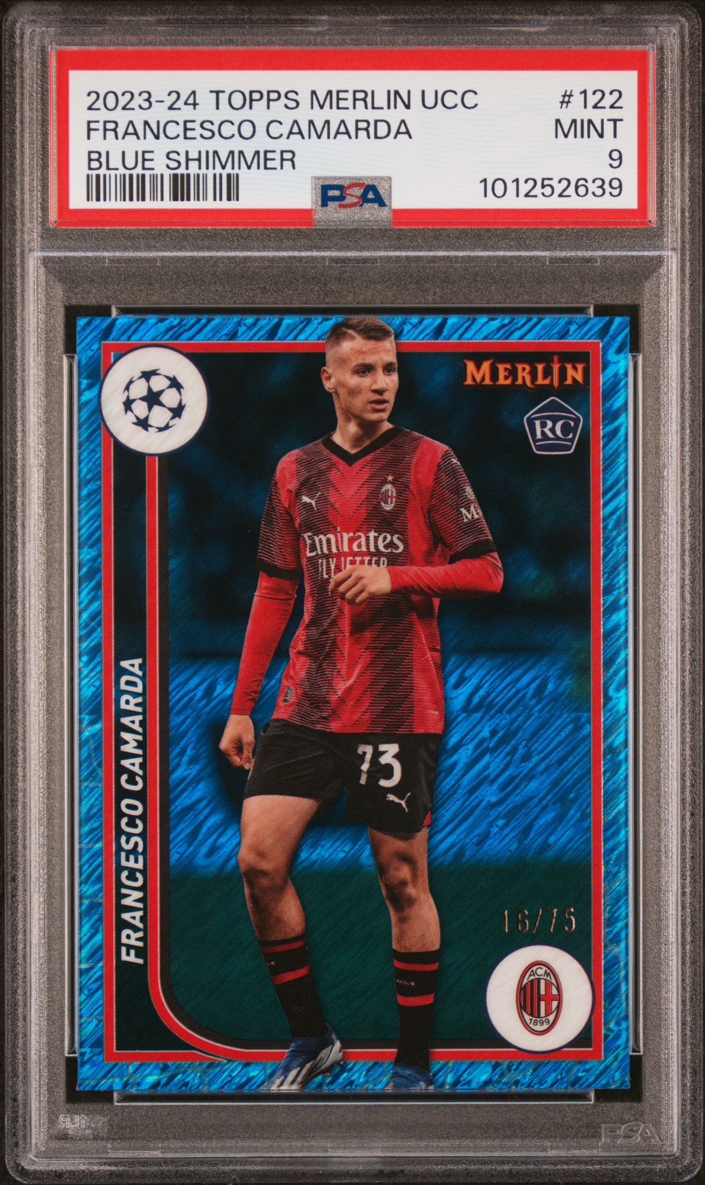 2023-24 Topps Merlin Uefa Club Competitions Francesco Camarda #122 (Blue Shimmer) Mint 9 front