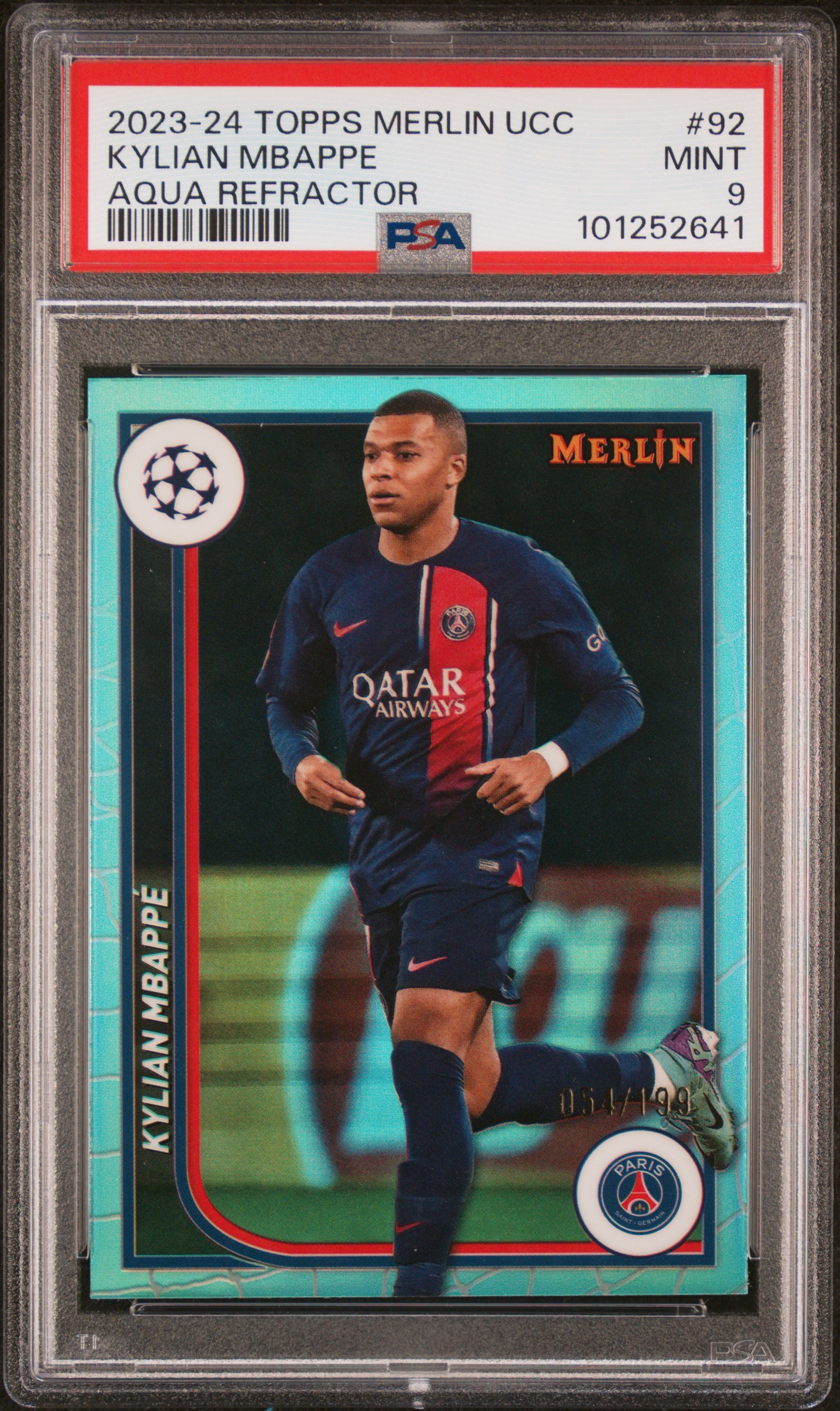 2023-24 Topps Merlin Uefa Club Competitions Kylian Mbappe #92 (Aqua Refractor) Mint 9 front