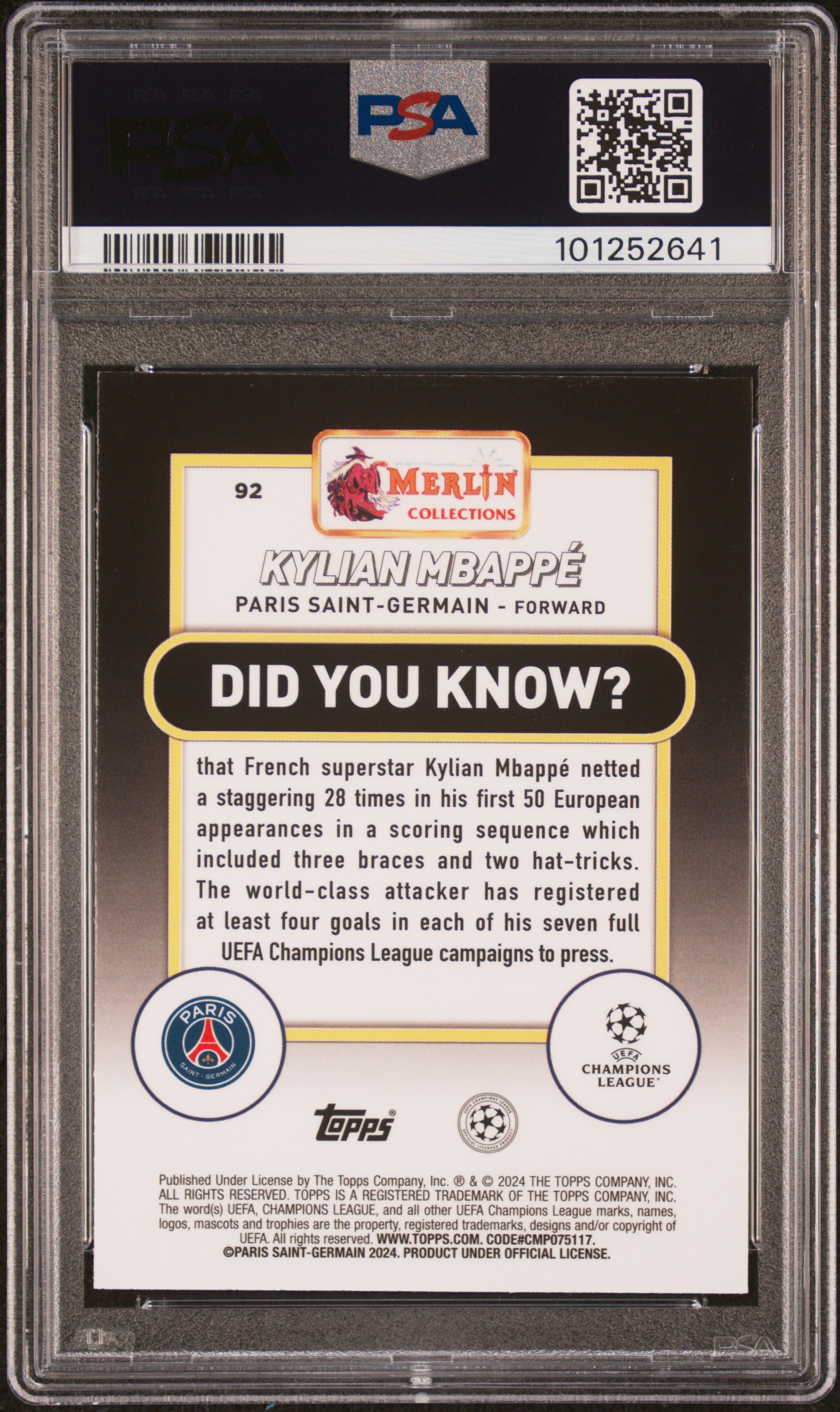 2023-24 Topps Merlin Uefa Club Competitions Kylian Mbappe #92 (Aqua Refractor) Mint 9 back