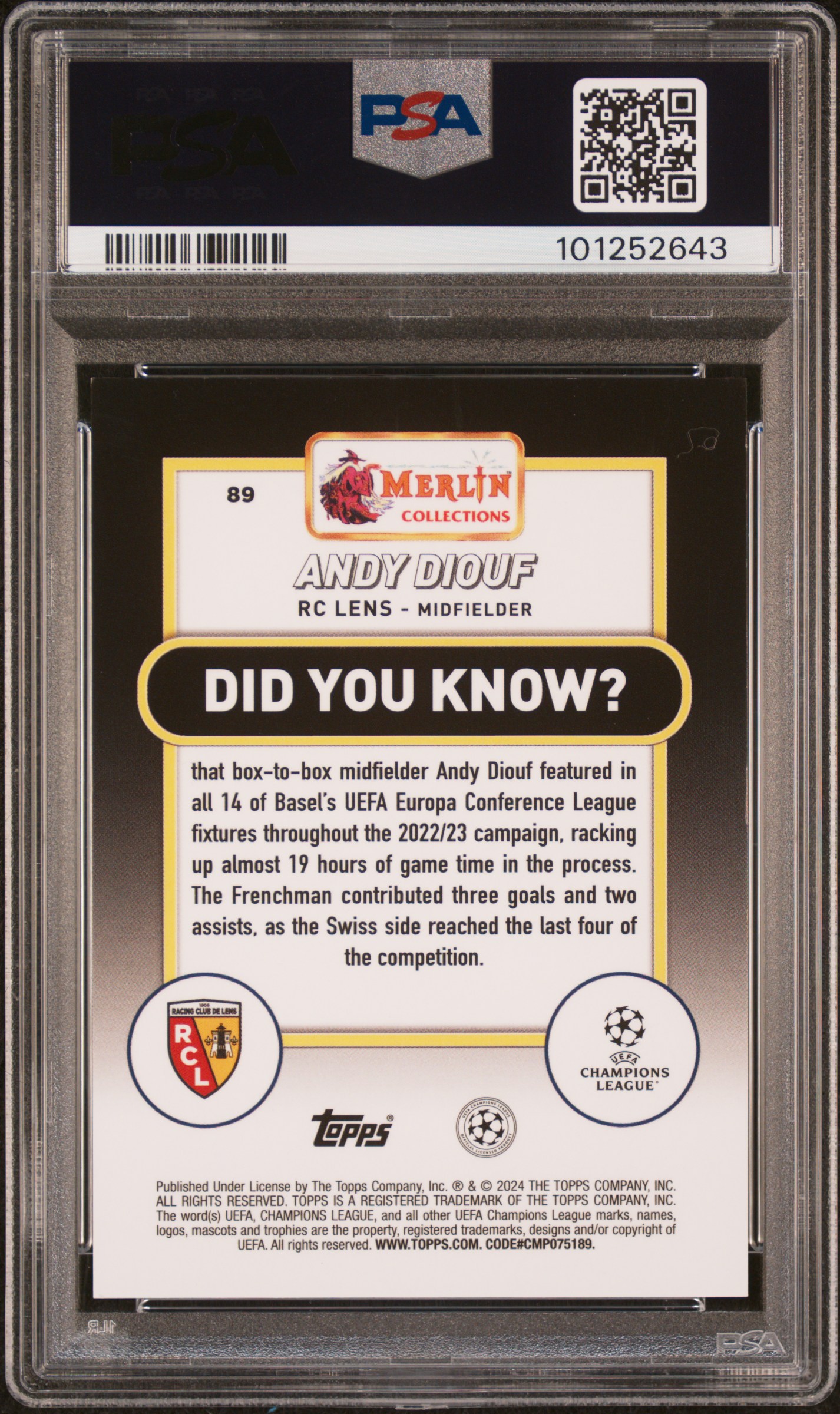2023-24 Topps Merlin Uefa Club Competitions Andy Diouf #89 (Image Variation-Blue Ref) Mint 9 back