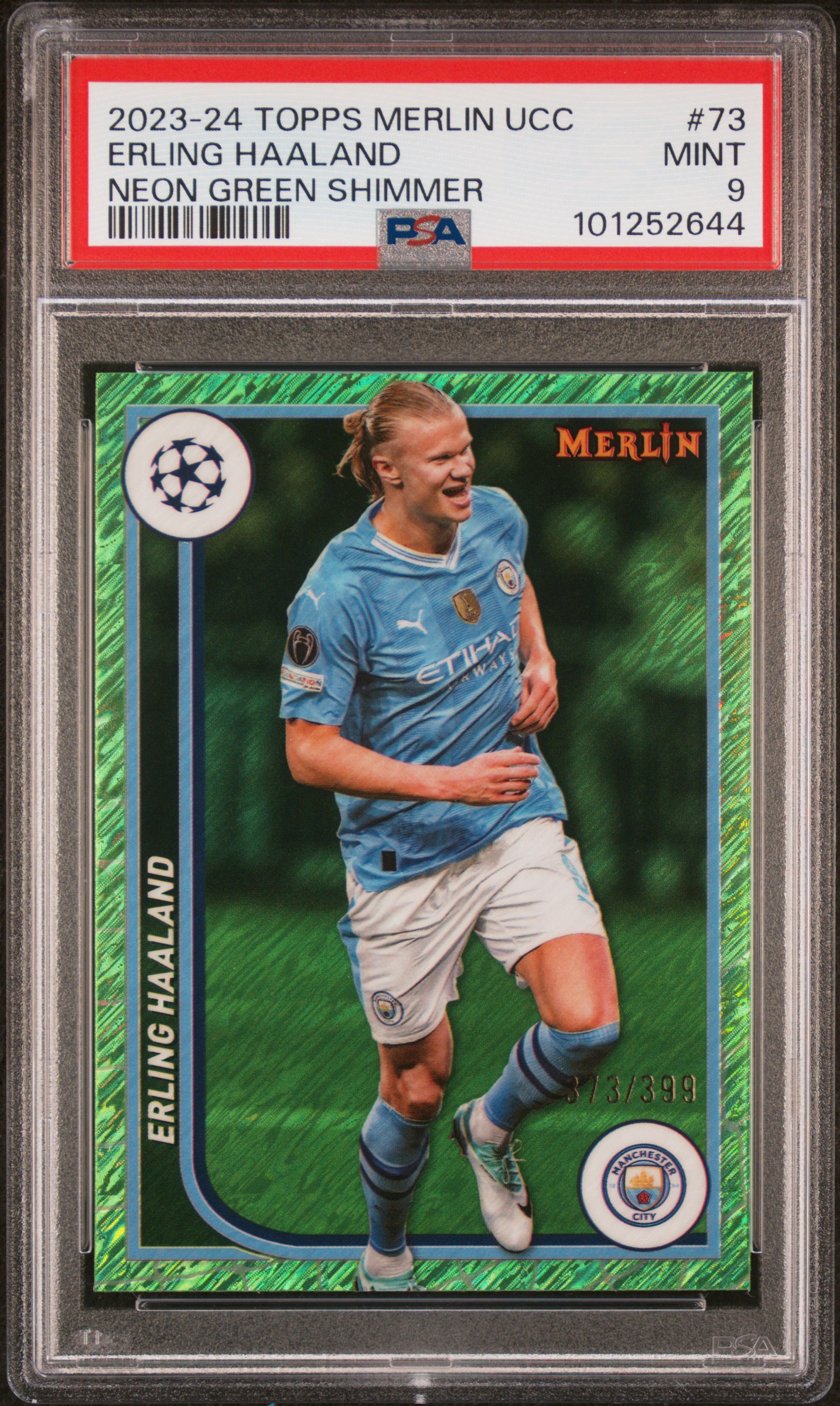 2023-24 Topps Merlin Uefa Club Competitions Erling Haaland #73 (Neon Green Shimmer) Mint 9 front