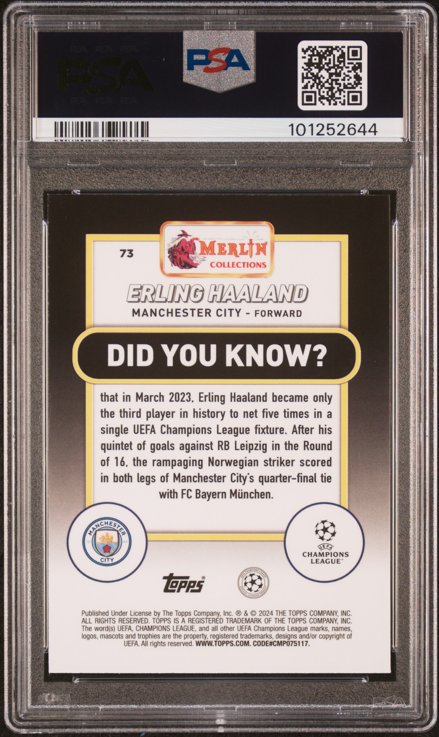 2023-24 Topps Merlin Uefa Club Competitions Erling Haaland #73 (Neon Green Shimmer) Mint 9 back
