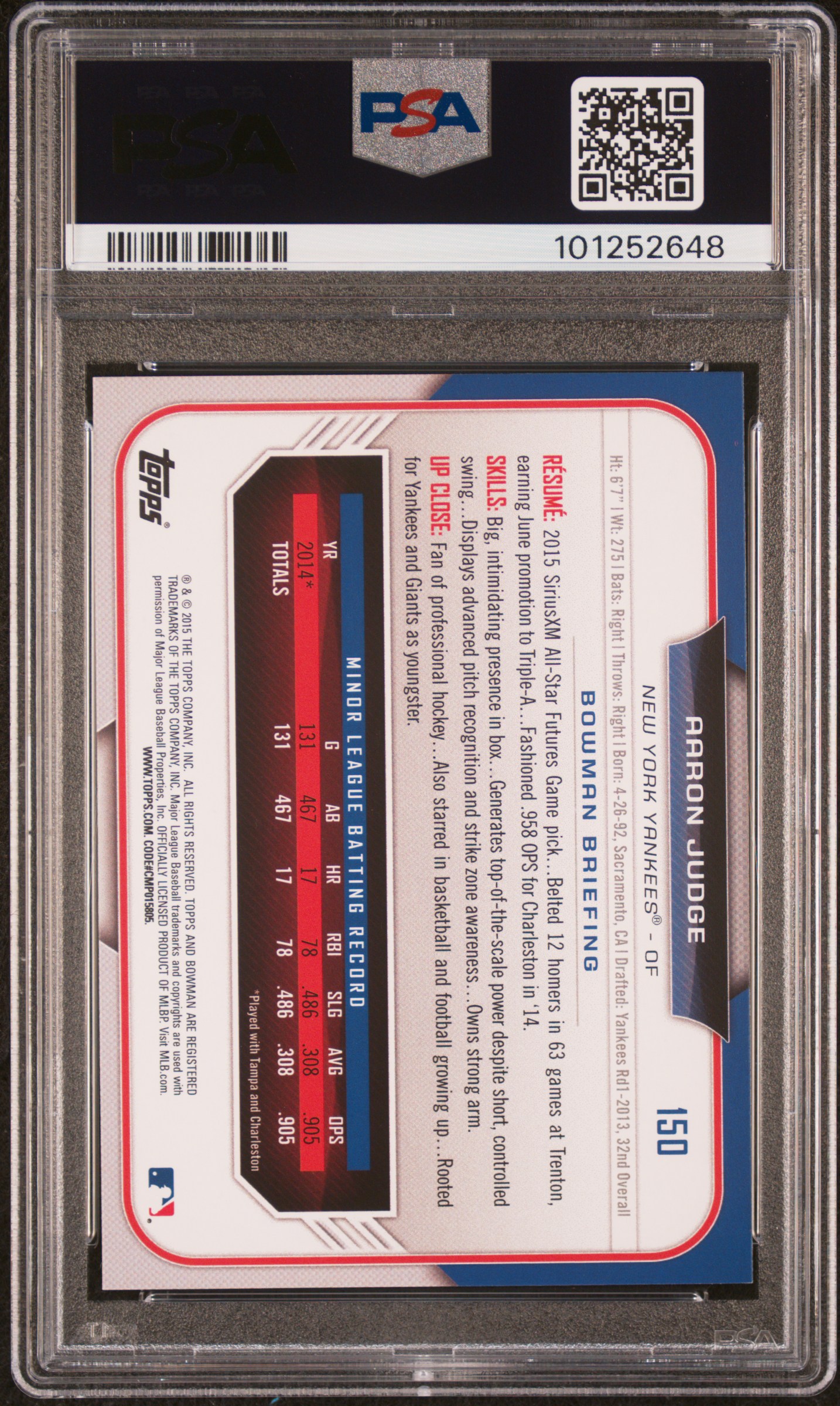 2015 Bowman Draft Aaron Judge #150 Gem Mt 10 back