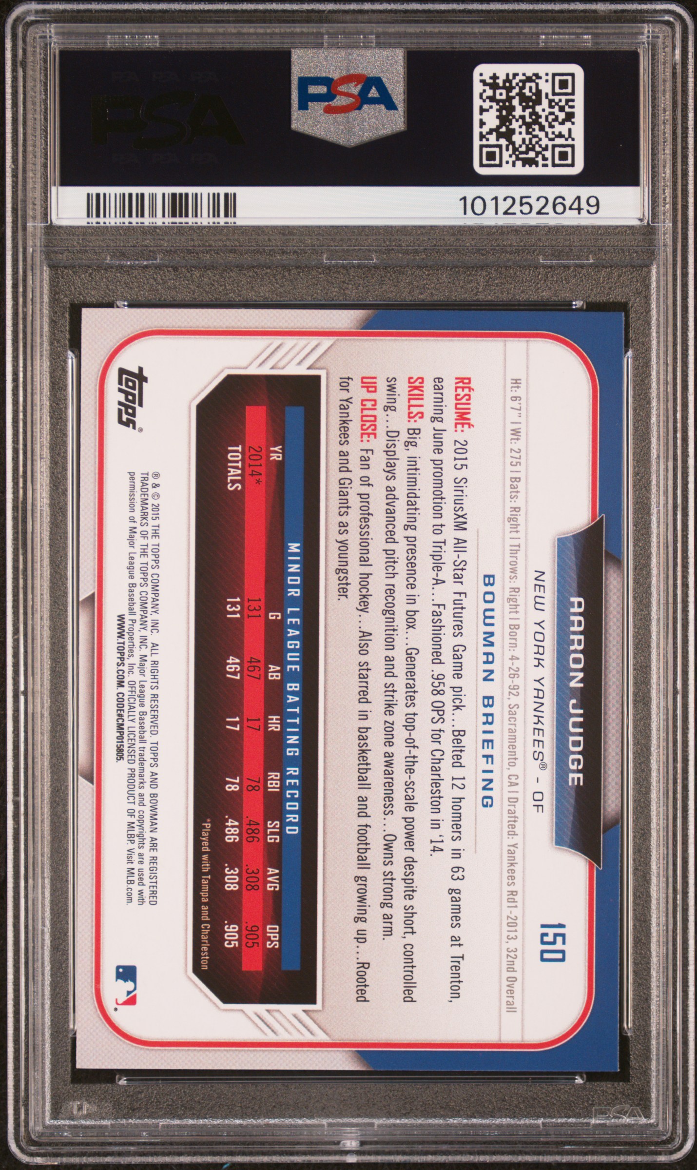 2015 Bowman Draft Aaron Judge #150 Gem Mt 10 back