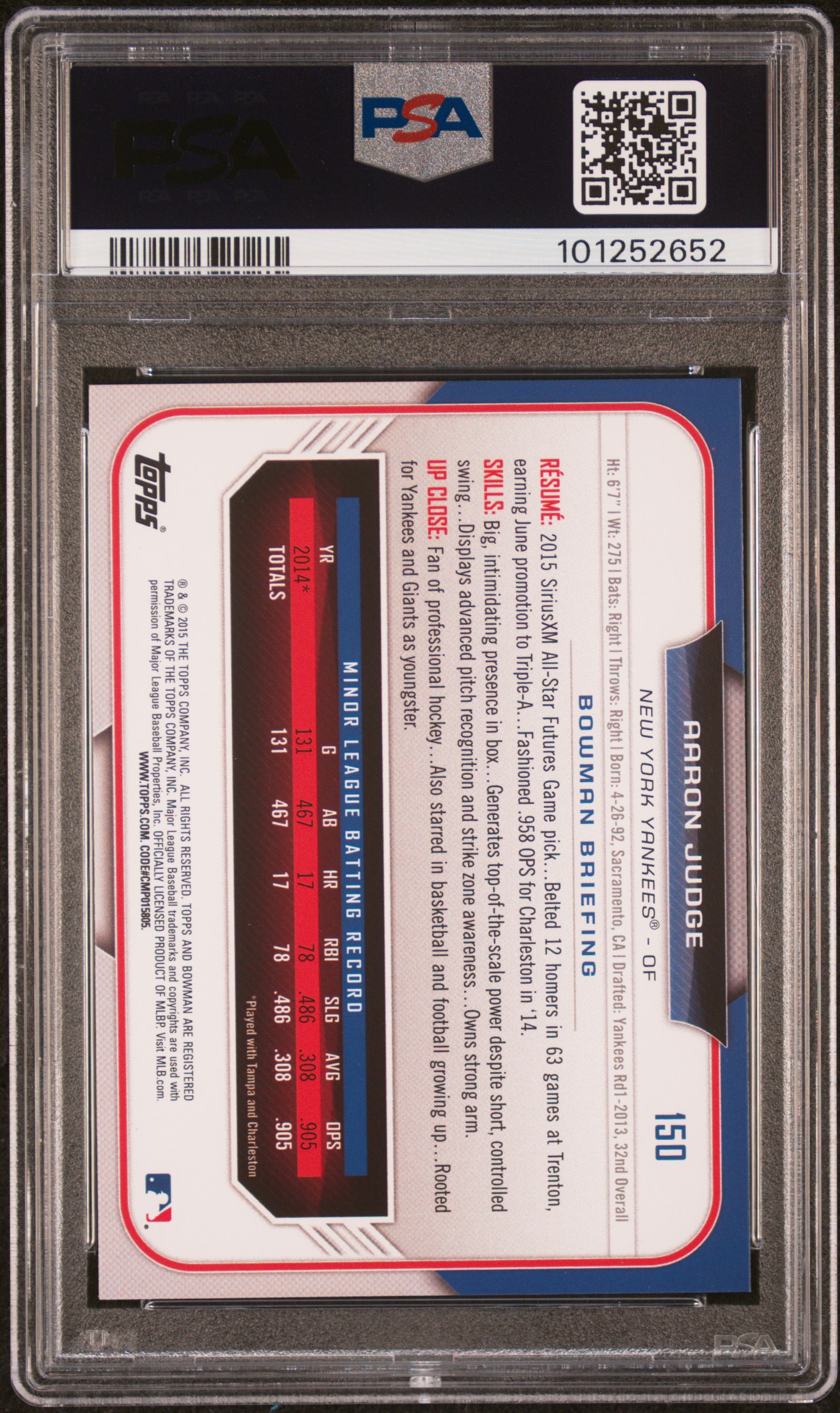 2015 Bowman Draft Aaron Judge #150 Gem Mt 10 back