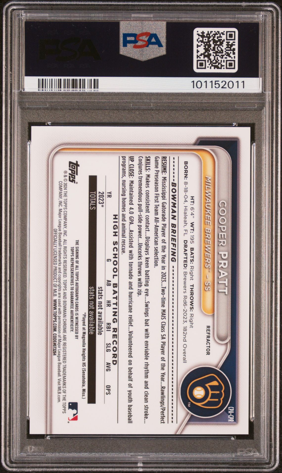 2024 Bowman Chrome Prospect Autographs Cooper Pratt #Cpacpr (Chrome Prspct Au-Refractor) Gem Mt 10 back