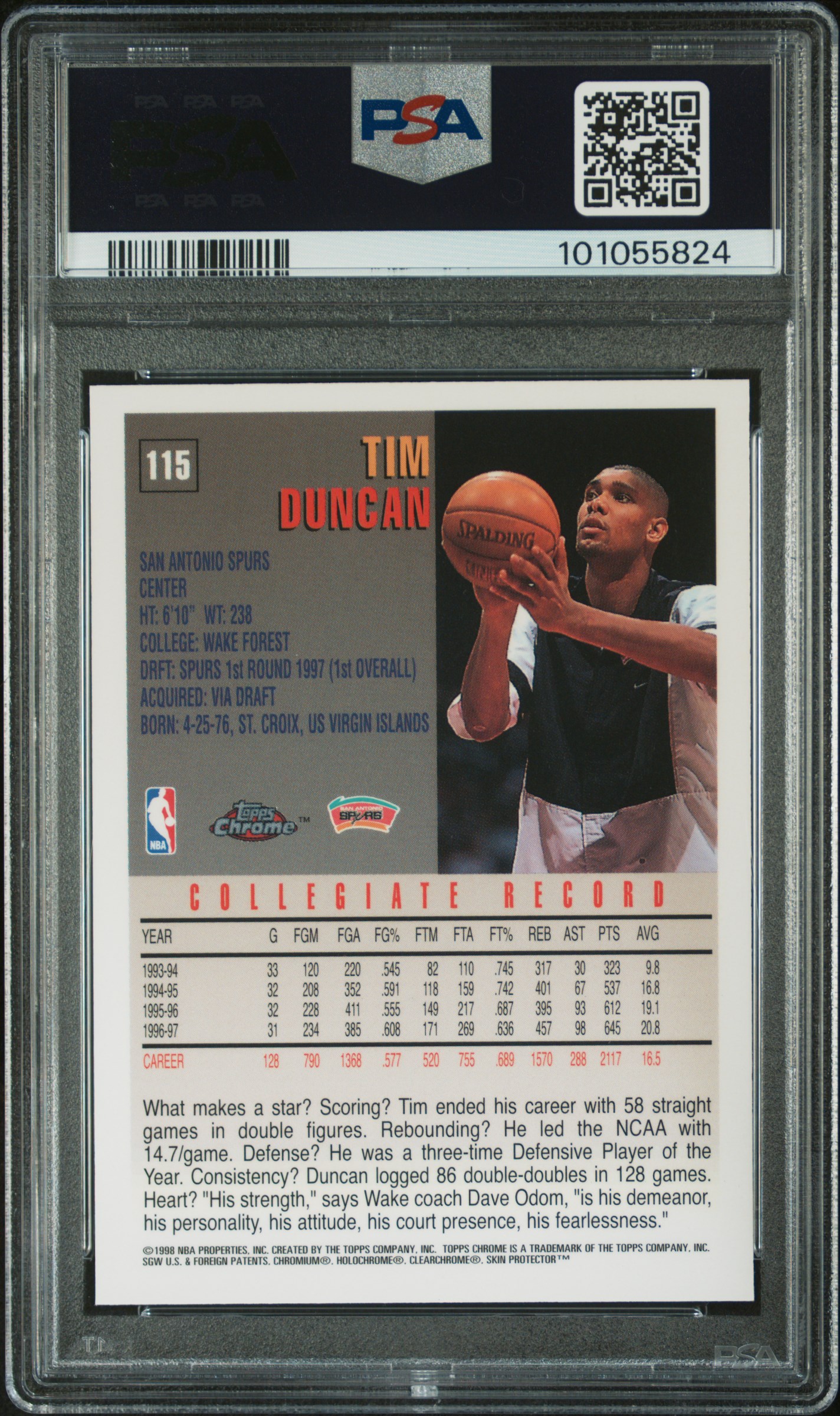 1997 Topps Chrome Tim Duncan #115 (Glass Mosaic) Gem Mt 10 front