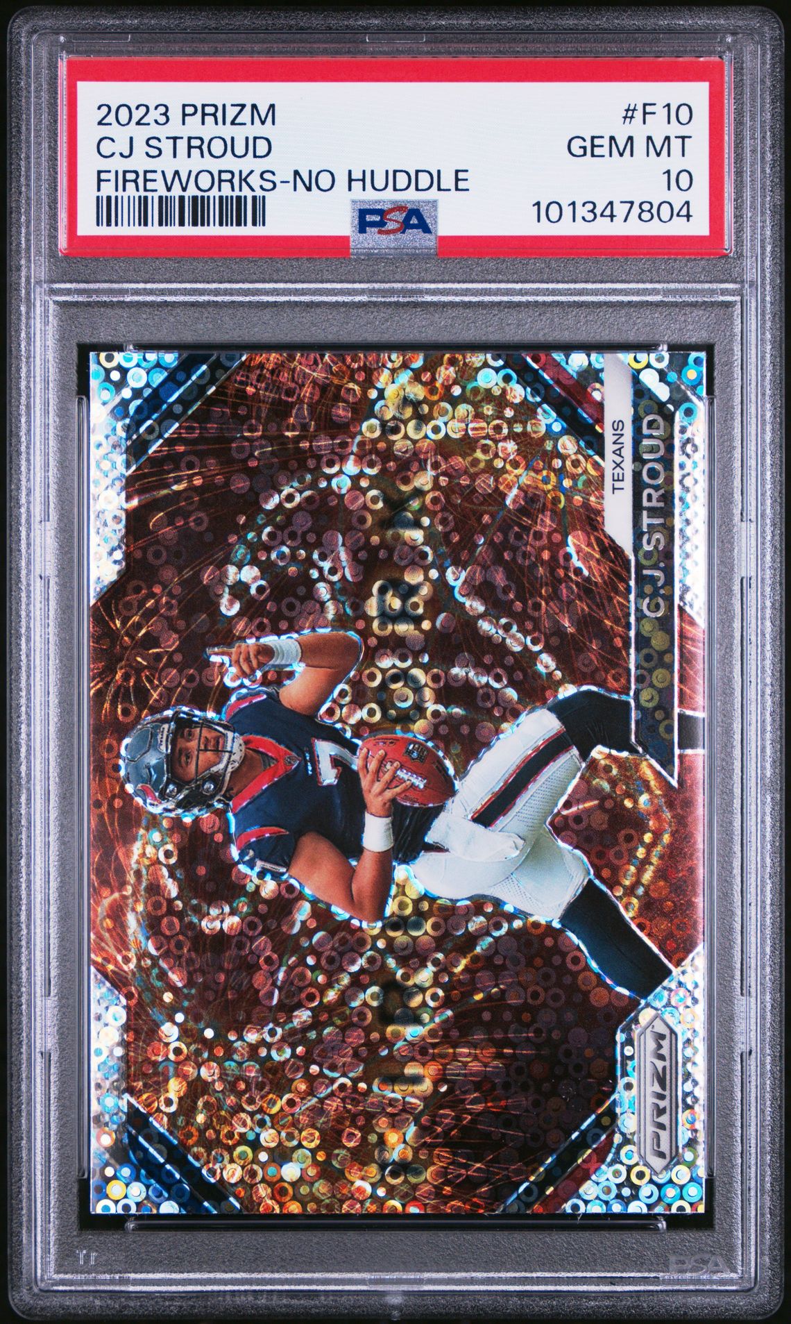 2023 Panini Prizm Fireworks Cj Stroud #F10 (Fireworks-No Huddle) Gem Mt 10 front view - PSA graded GEM MT 10