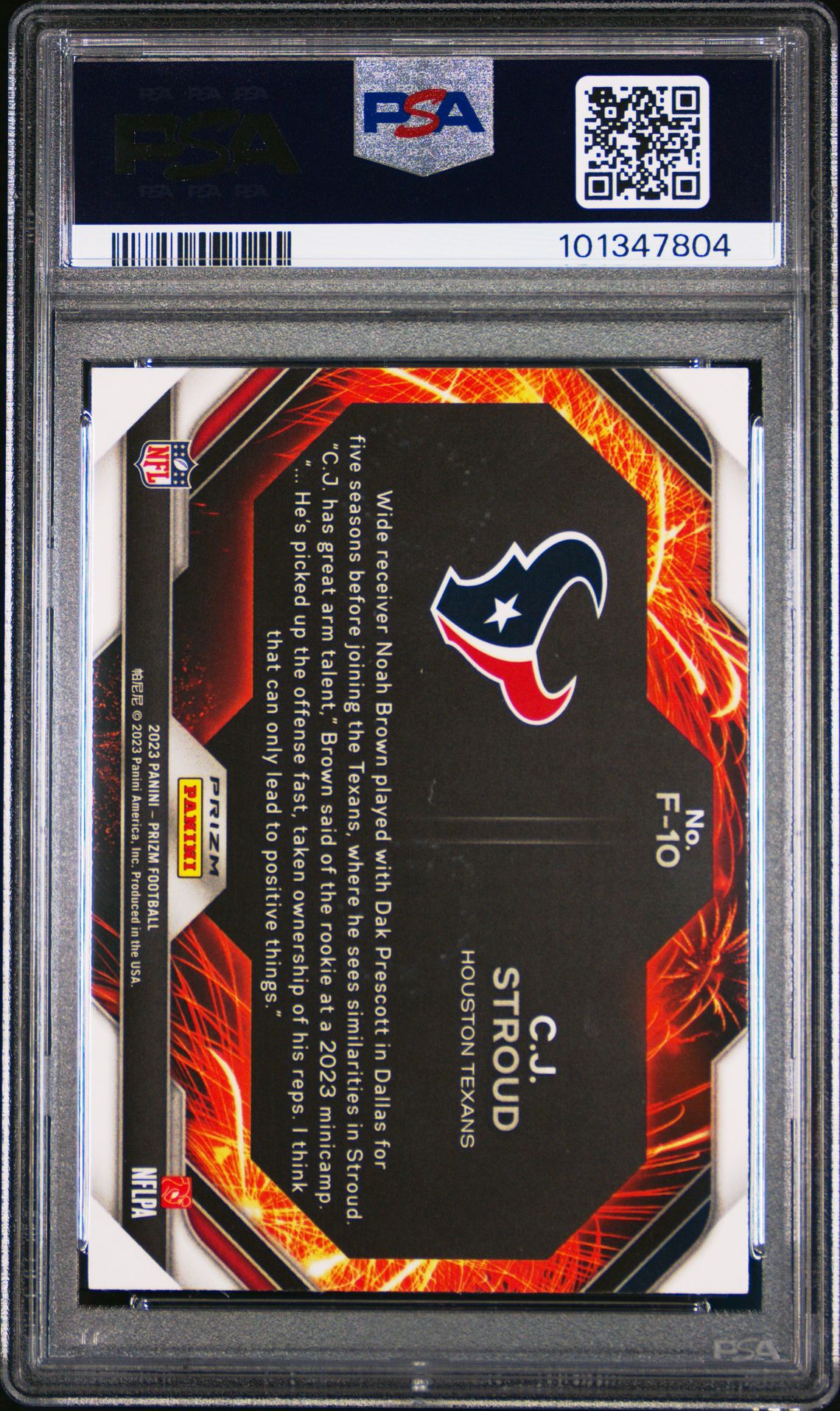 2023 Panini Prizm Fireworks Cj Stroud #F10 (Fireworks-No Huddle) Gem Mt 10 back view - PSA certificate #101347804