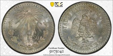 1944-M Peso KM-455  Ag MS66