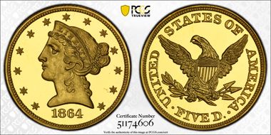 1864 $5 PR65DCAM