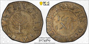 1652 Shilling Pine Tree, N Reversed, Noe-4 MS64