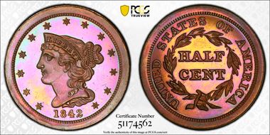 1842  1/2C 2nd Restrike, Rev. of 1840 PR65+ RB