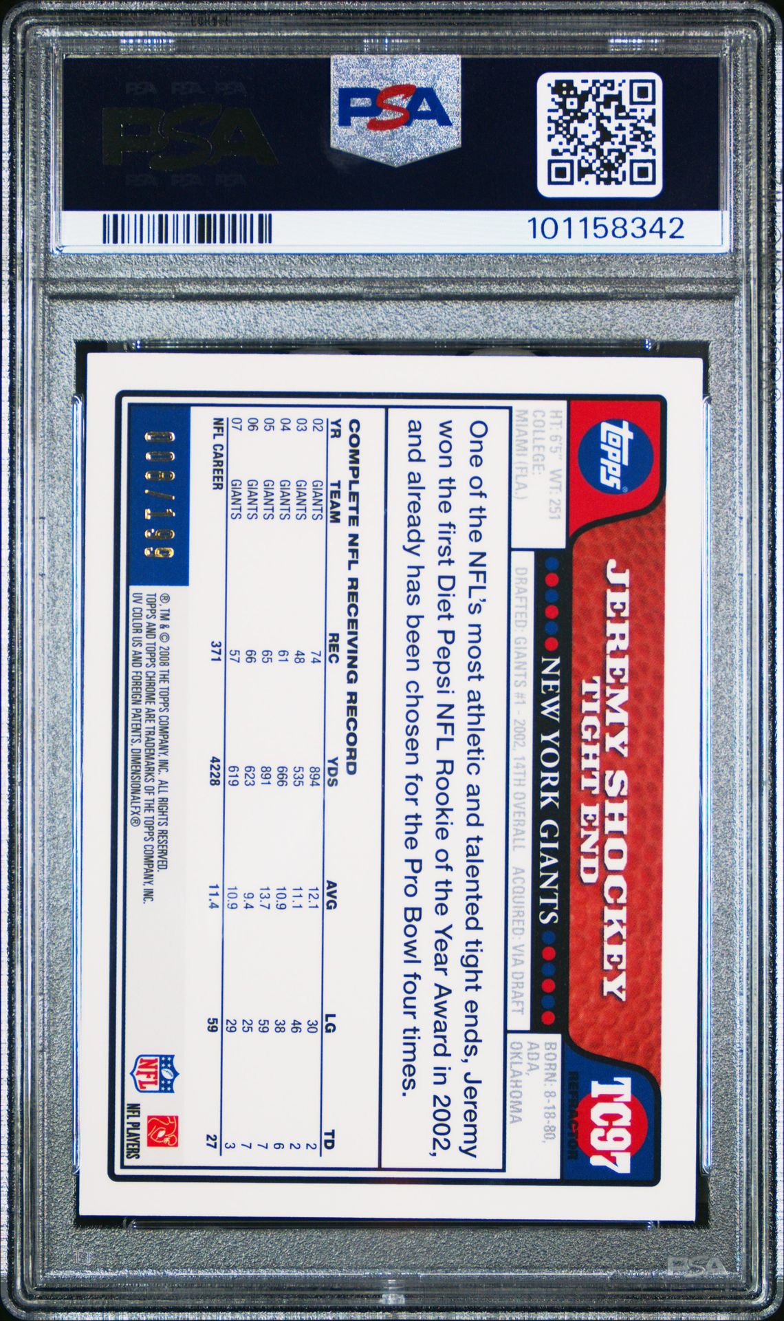 2008 Topps Chrome Jeremy Shockey #Tc97 (Gold Refractor) Gem Mt 10 back