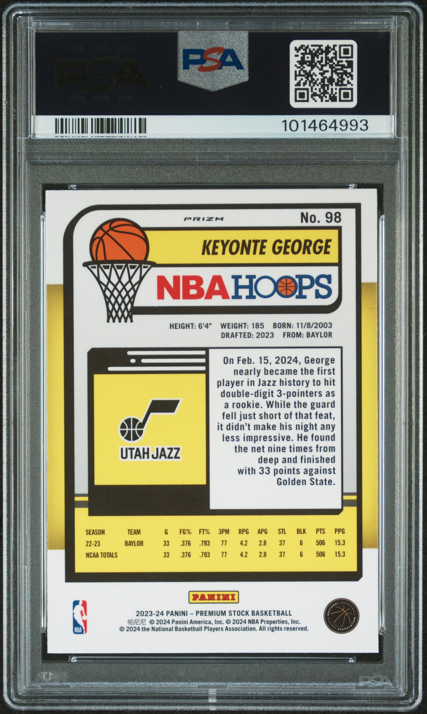 2023 Panini Hoops Premium Stock Keyonte George #98 (Silver Prizm) Mint 9 back