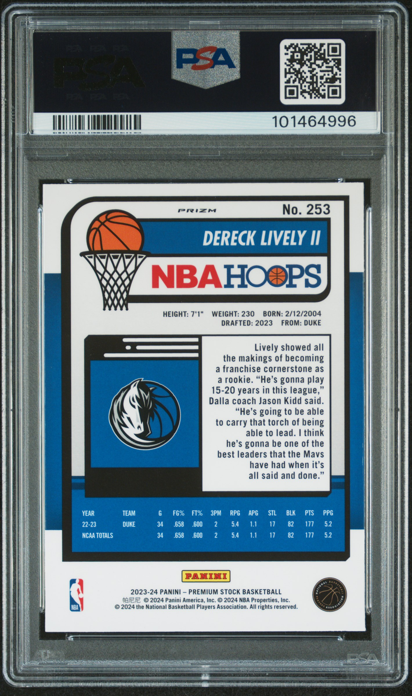 2023 Panini Hoops Premium Stock Dereck Lively Ii #253 (Pulsar) Mint 9 back