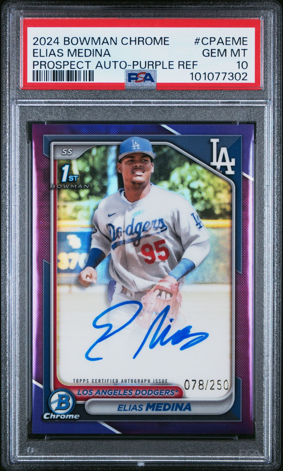 2024 Bowman BOWMAN CHROME PROSPECT AUTOGRAPHS Purple Refractor #CPAEME Elias Medina front