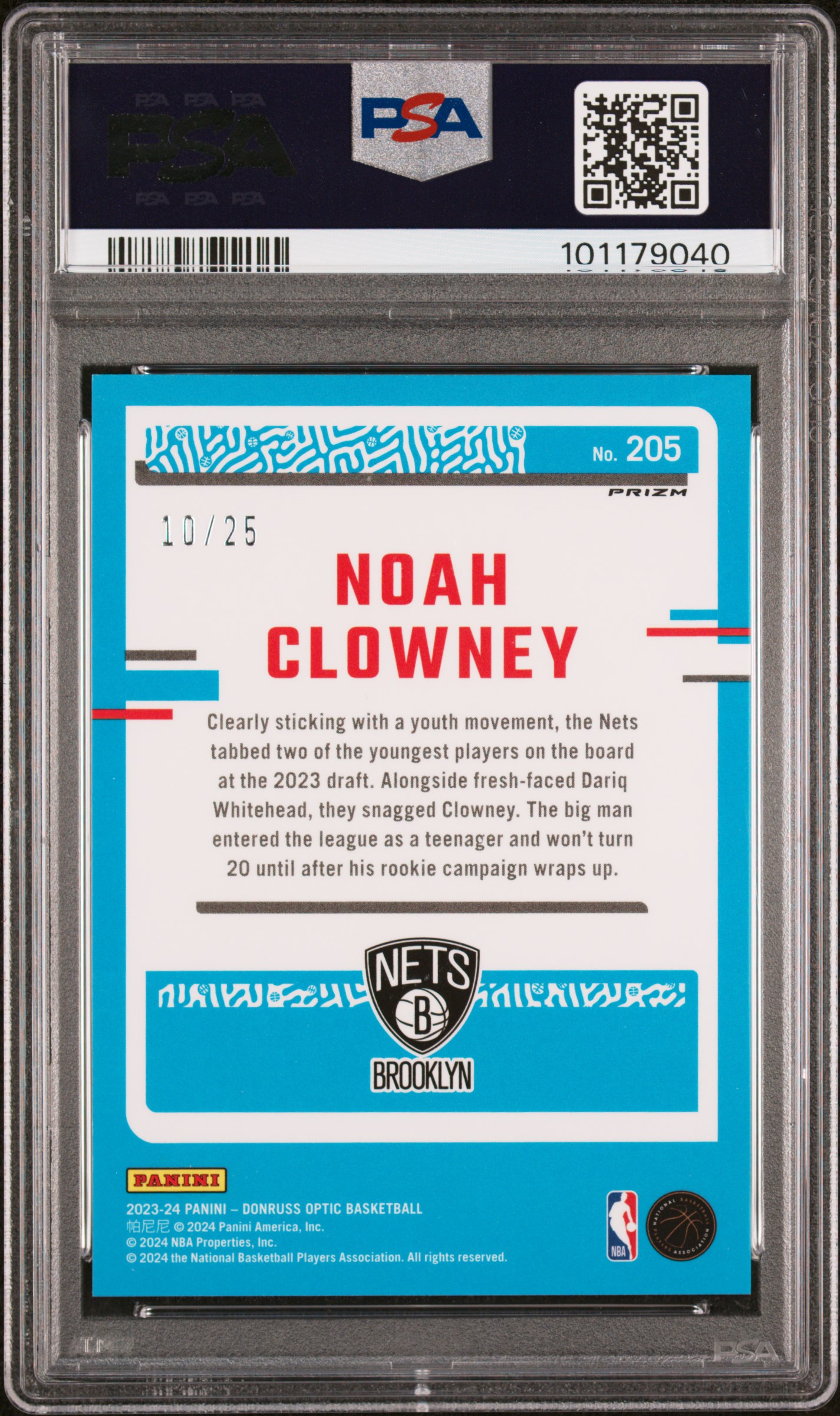 2023 Panini Donruss Optic Noah Clowney #205 (Pink) Gem Mt 10 back