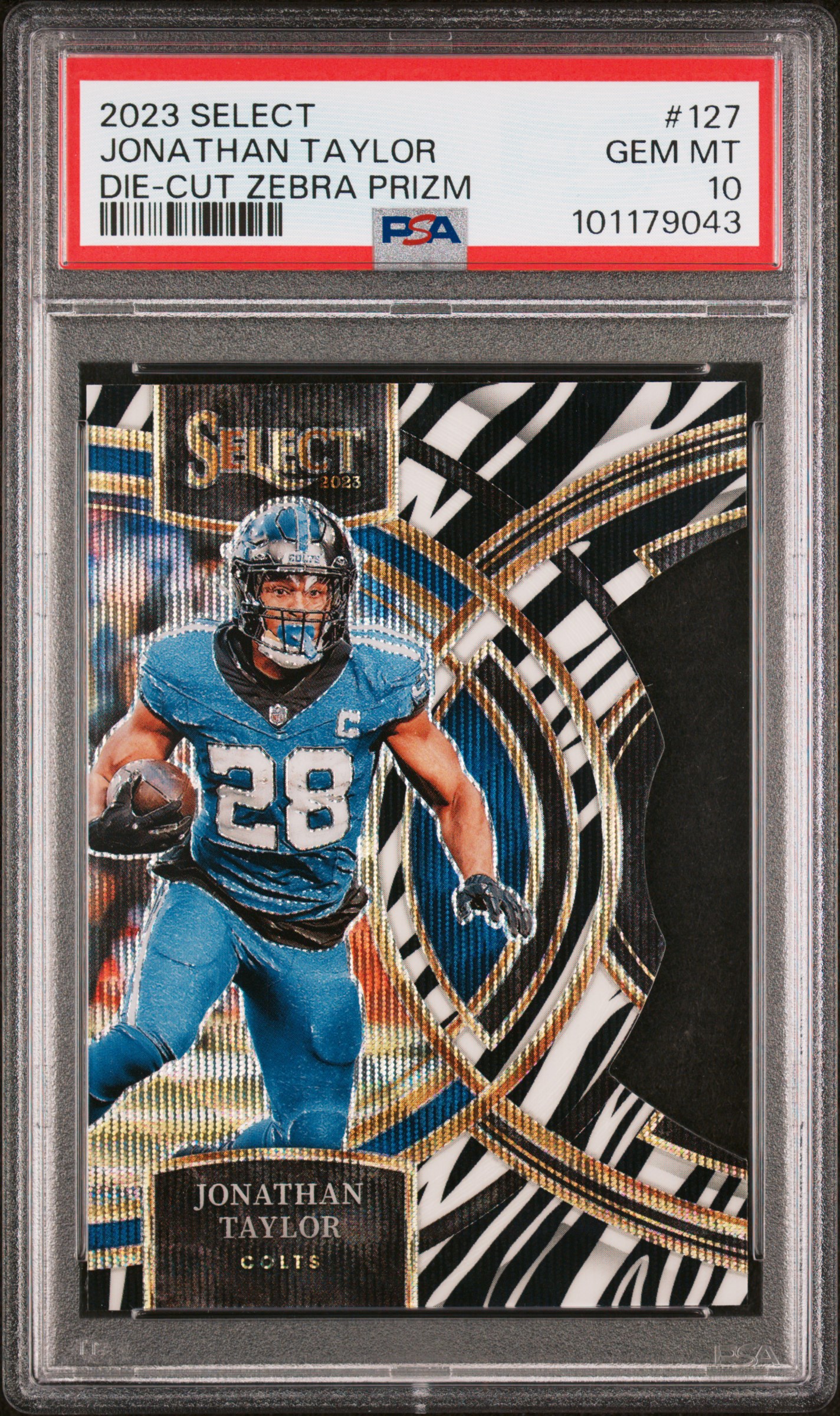 2023 Panini Select Jonathan Taylor #127 (Die-Cut Zebra Prizm) Gem Mt 10 front
