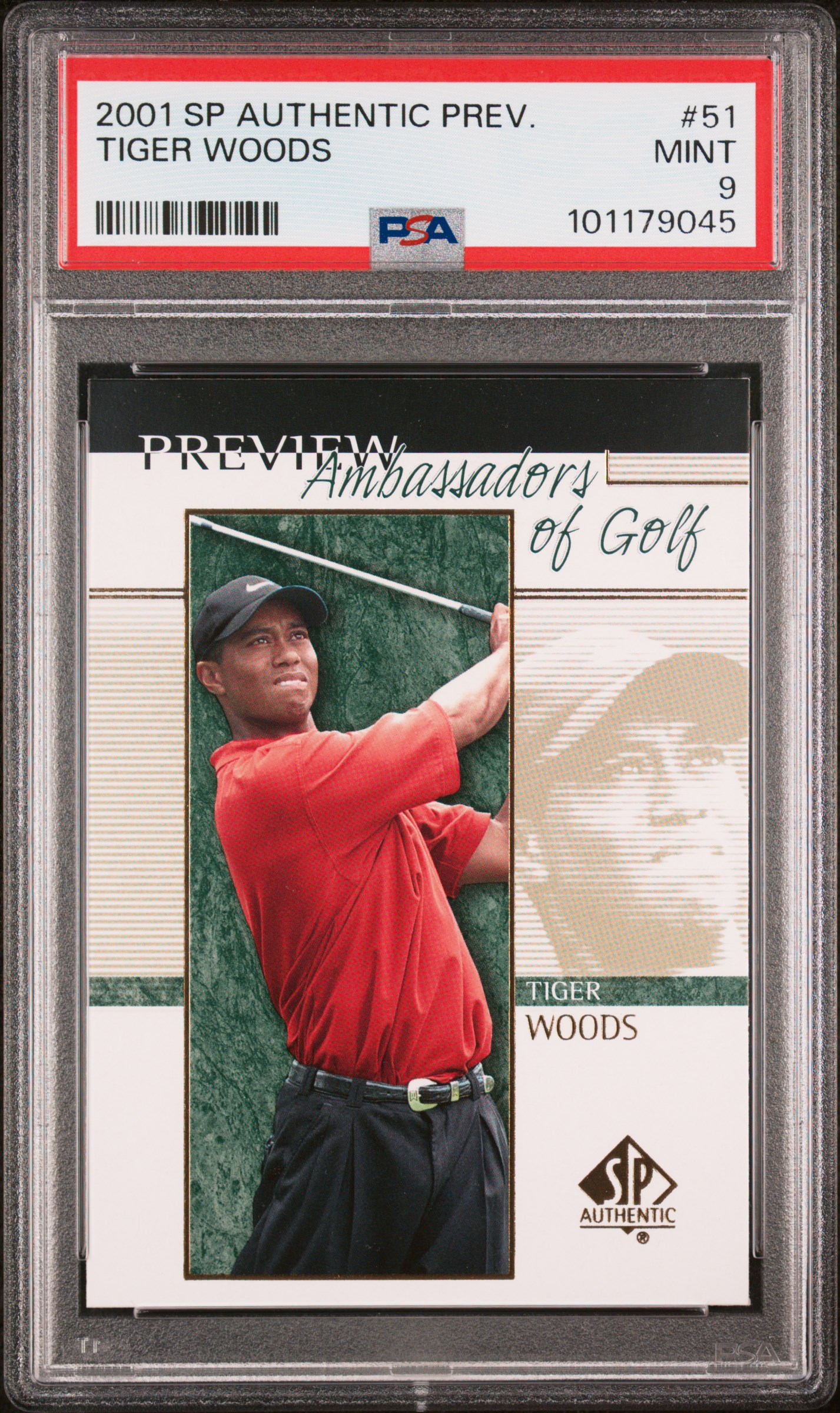 2001 Sp Authentic Preview Tiger Woods #51 Mint 9 front